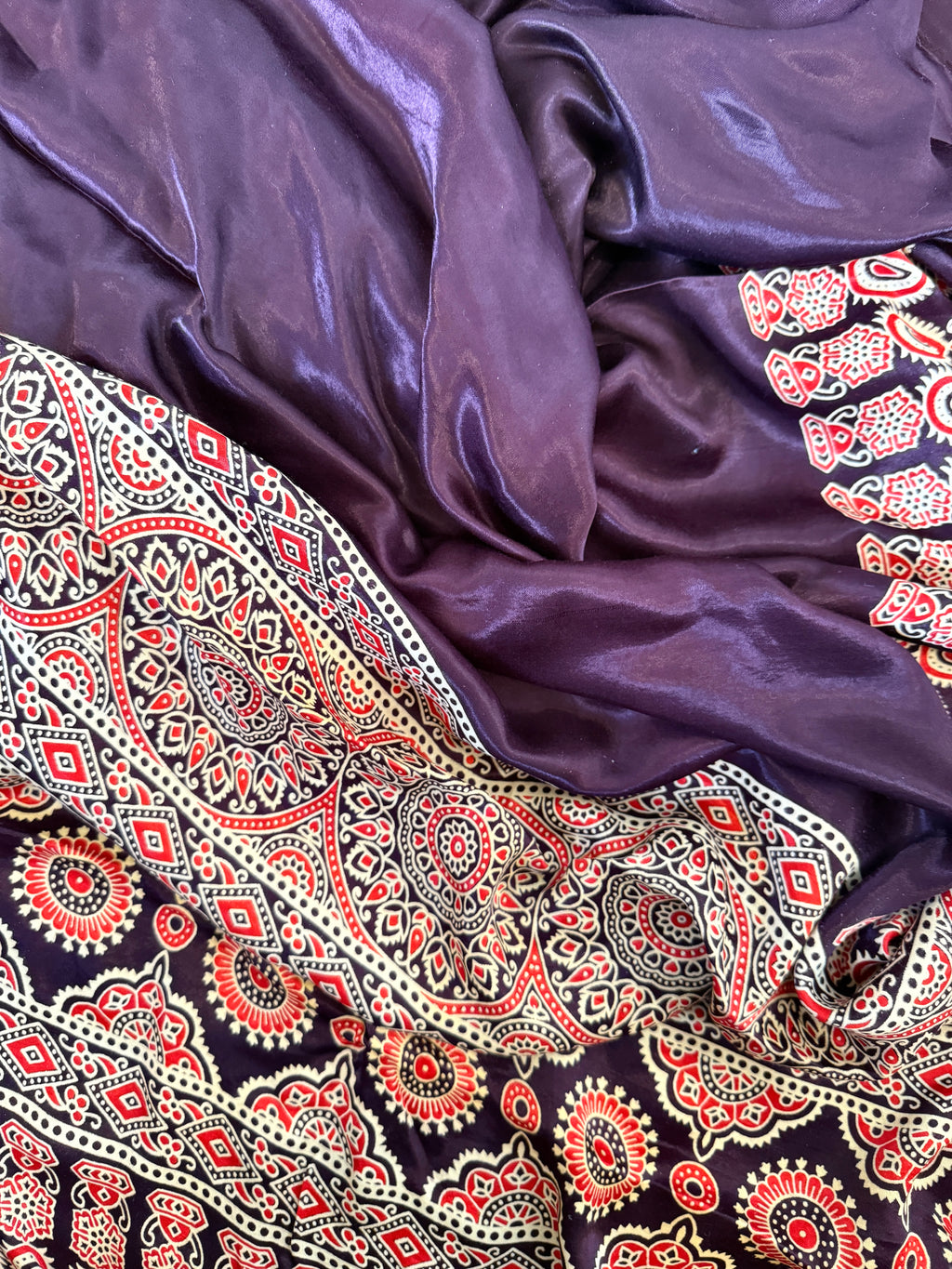 Saanjh – Plum Ajrakh Print Satin Silk Saree with Designer Pallu