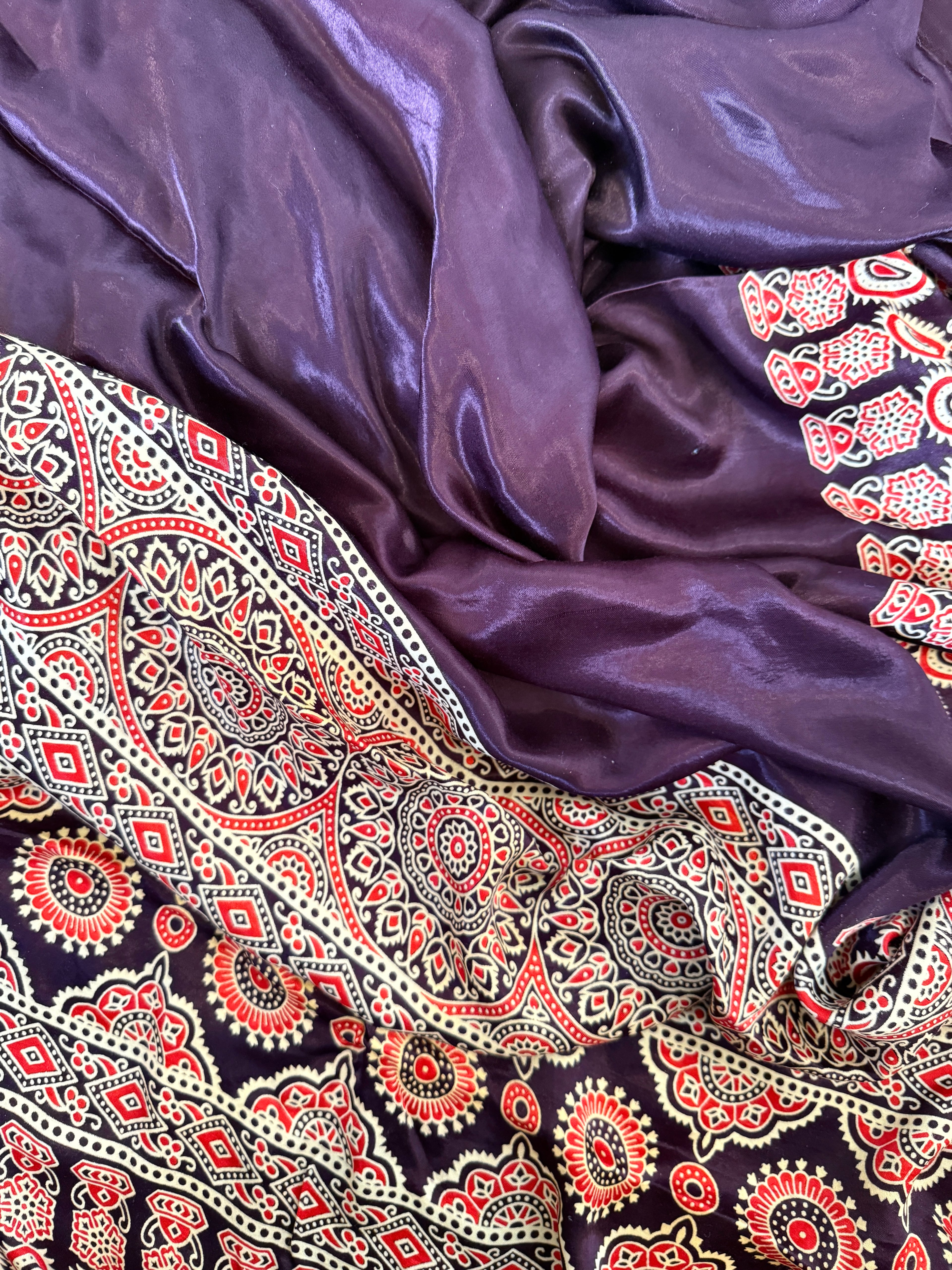 Saanjh – Plum Ajrakh Print Satin Silk Saree with Designer Pallu