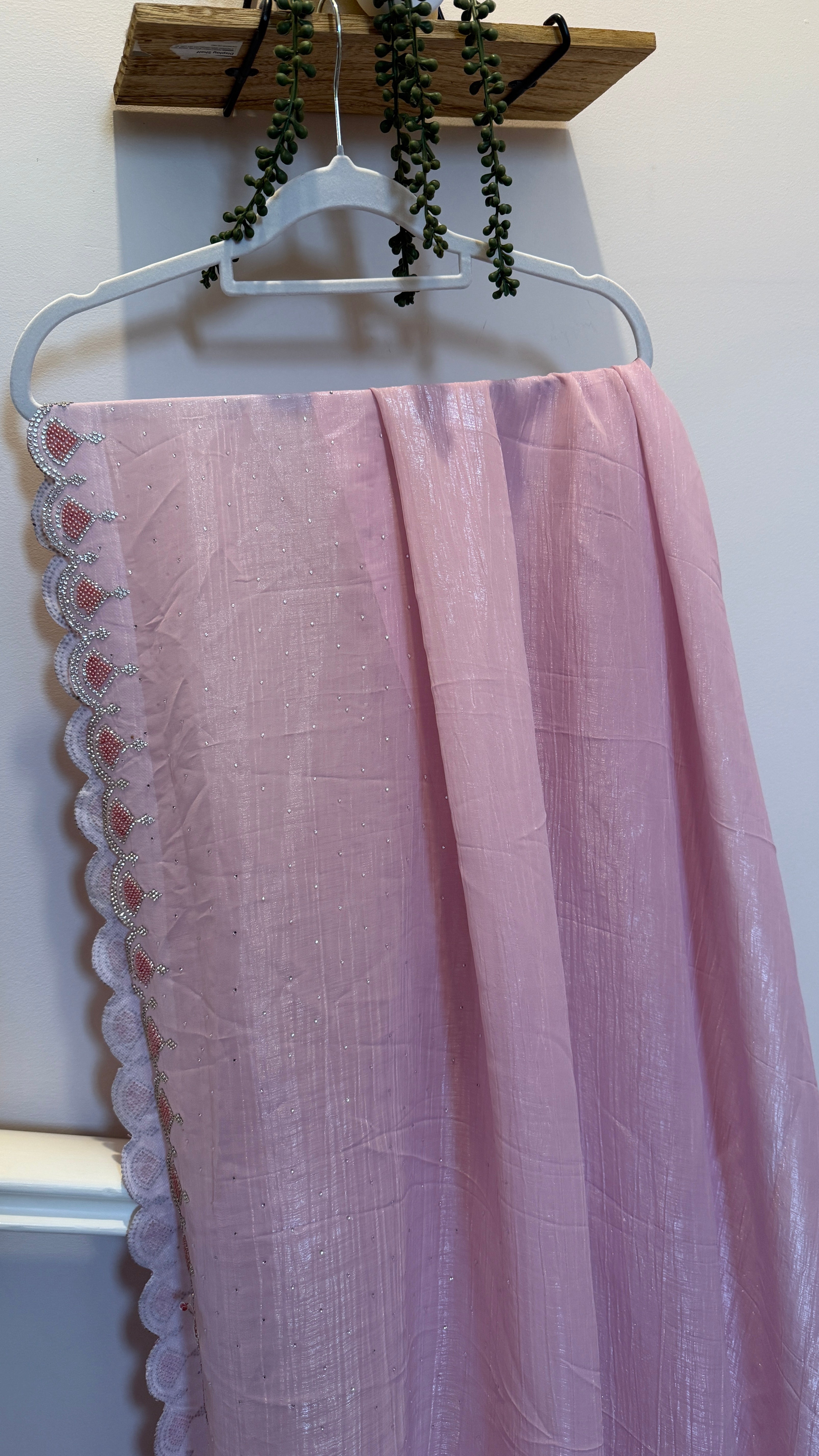 Blush Pink Shimmer Crepe Saree with Embellished Border