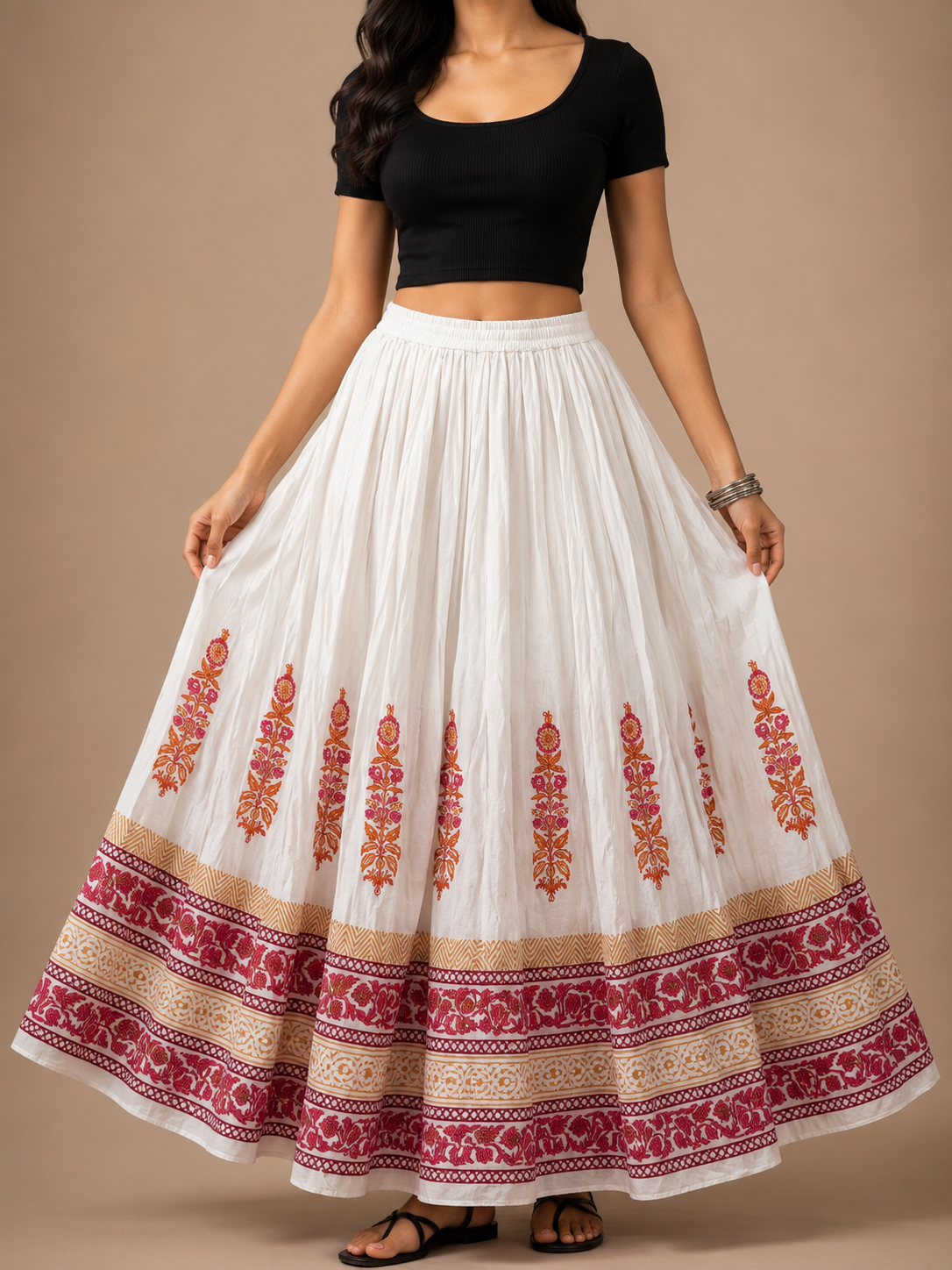 Cotton Block Print Flared Skirt with Elastic Waist & Side Drawstrings