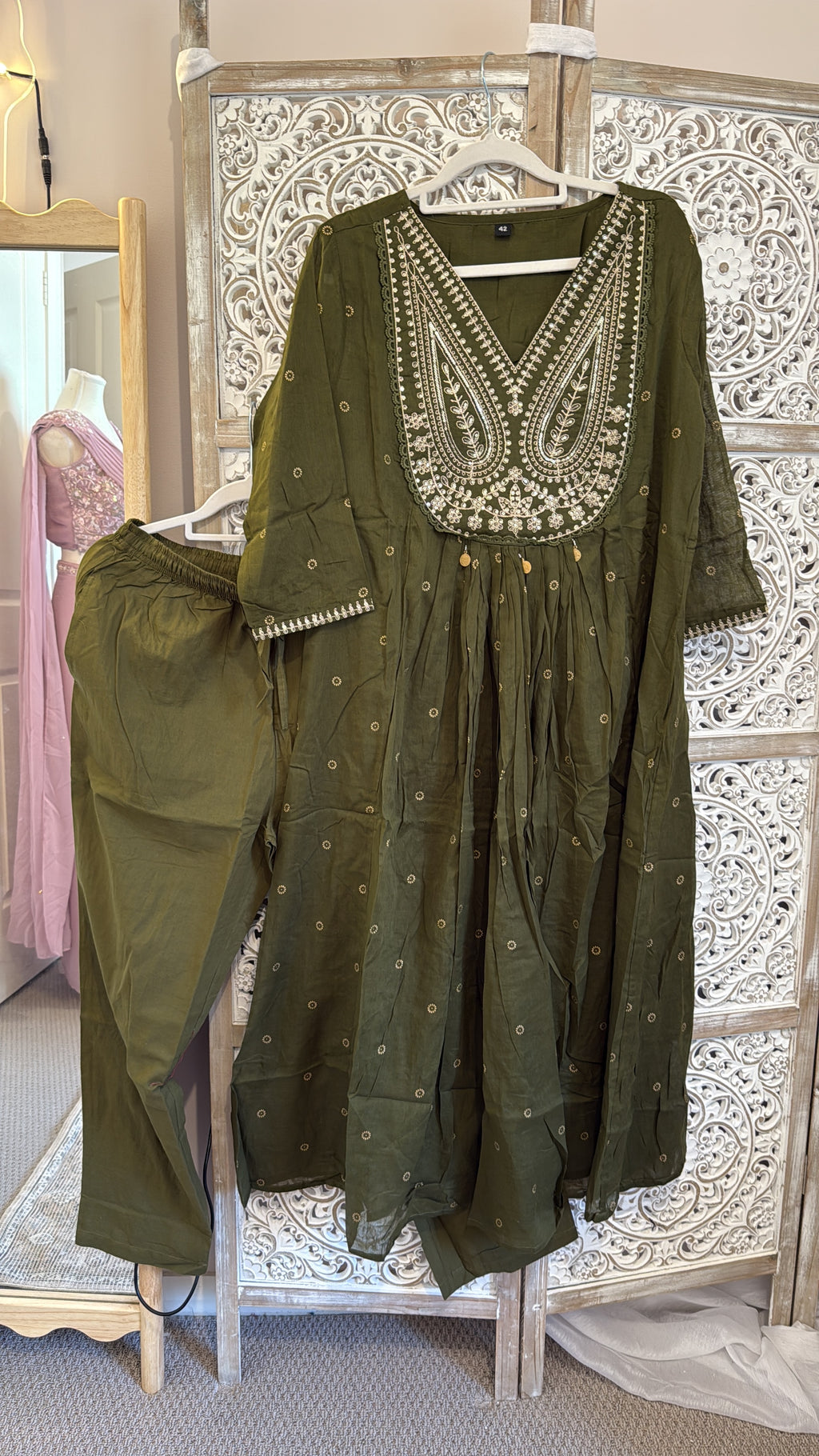 Aranya Anarkali — Olive Green Embroidered Cotton Kurta Set
