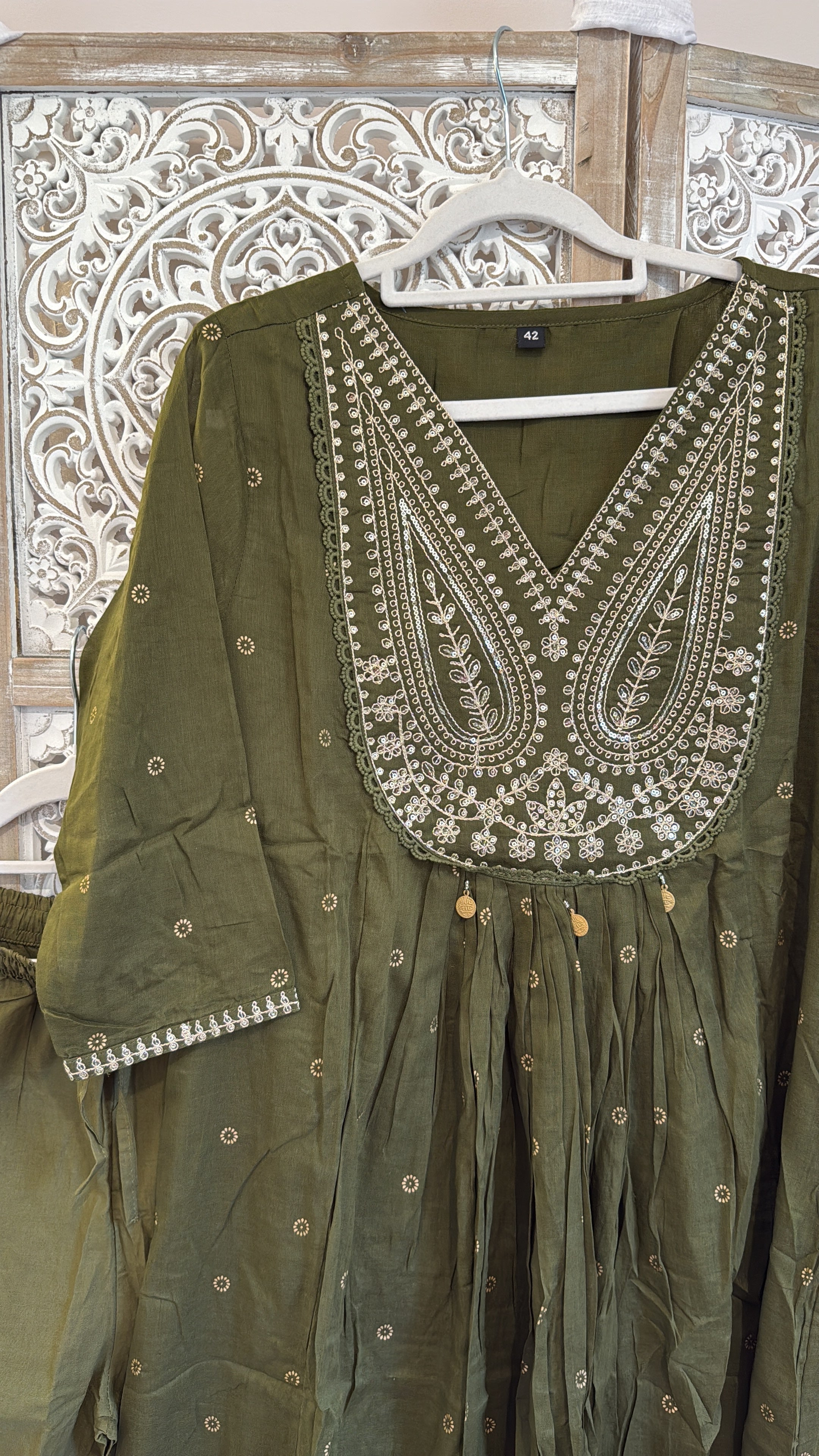 Aranya Anarkali — Olive Green Embroidered Cotton Kurta Set