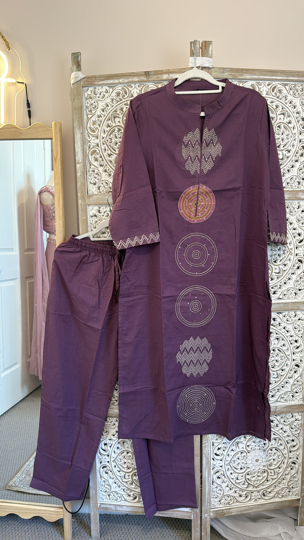 Kashish — Deep Mauve Geometric Cotton Kurta Set