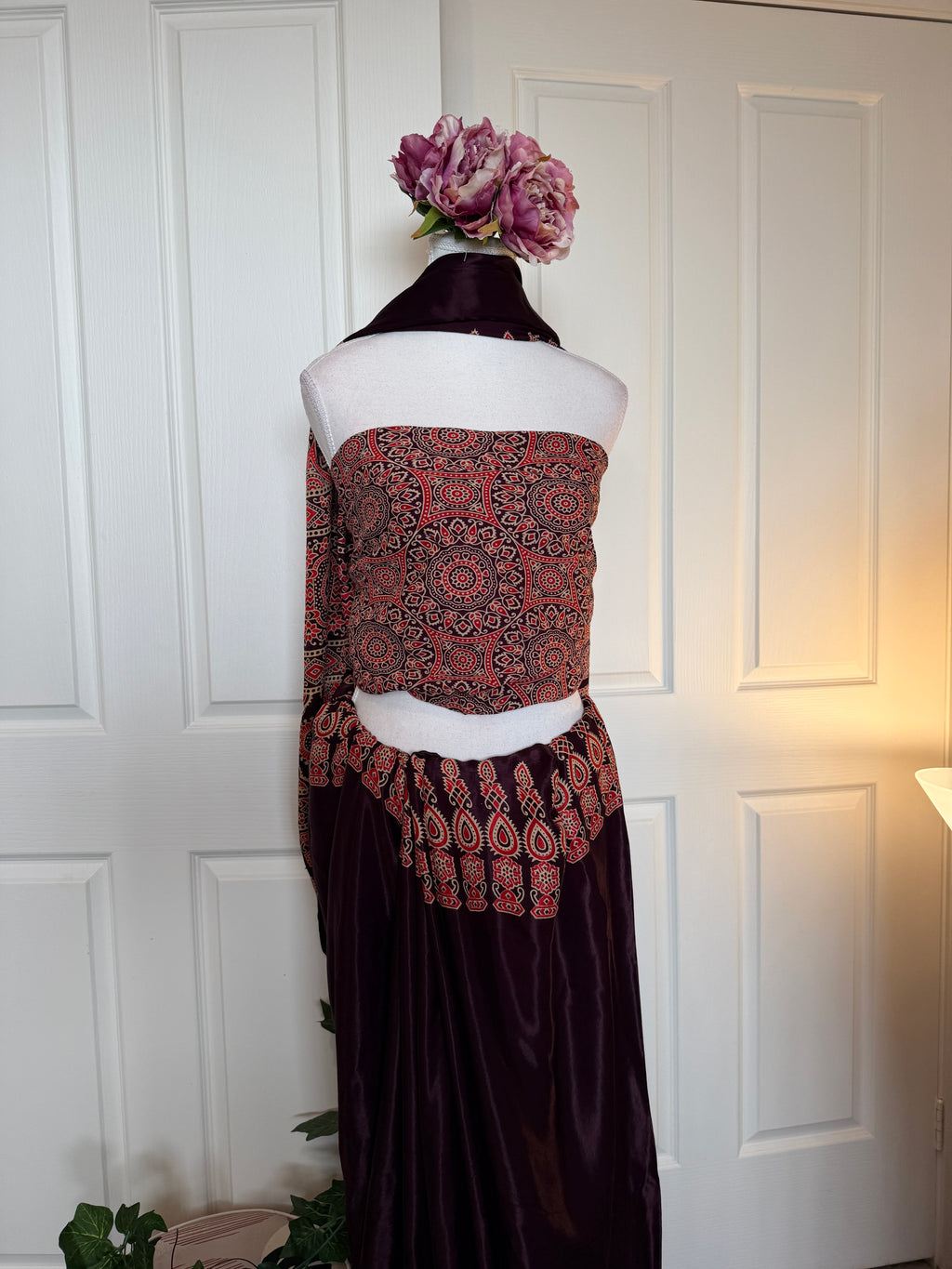Saanjh – Plum Ajrakh Print Satin Silk Saree with Designer Pallu