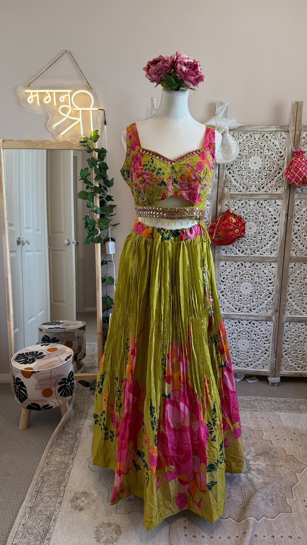 Green Pink Floral designer lehenga