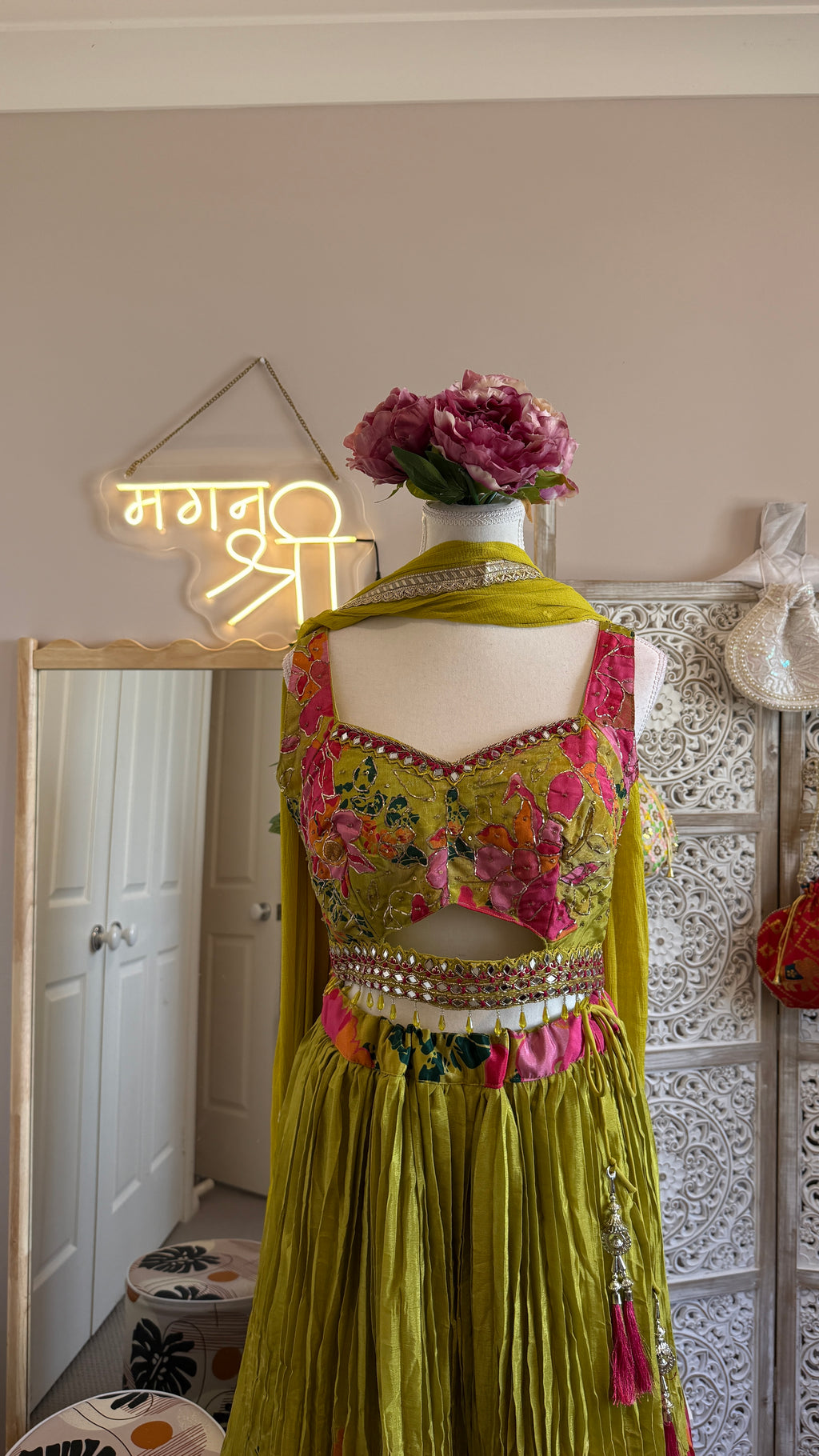 Green Pink Floral designer lehenga