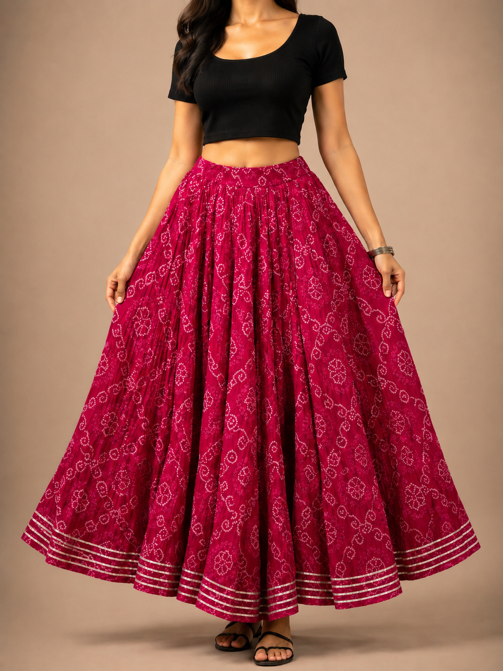 Bandhani Cotton Flared Skirt – Full Elastic Waist with Side Drawstrings