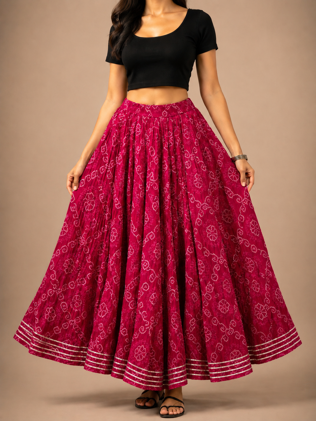 Bandhani Cotton Flared Skirt – Full Elastic Waist with Side Drawstrings