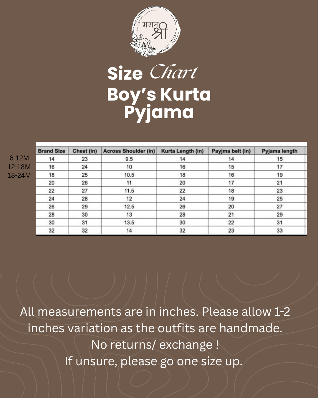 Boy's Kurta Pyjama size chart for ages 6-12 months