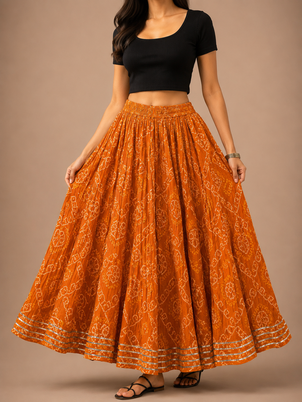 Bandhani Cotton Flared Skirt – Full Elastic Waist with Side Drawstrings
