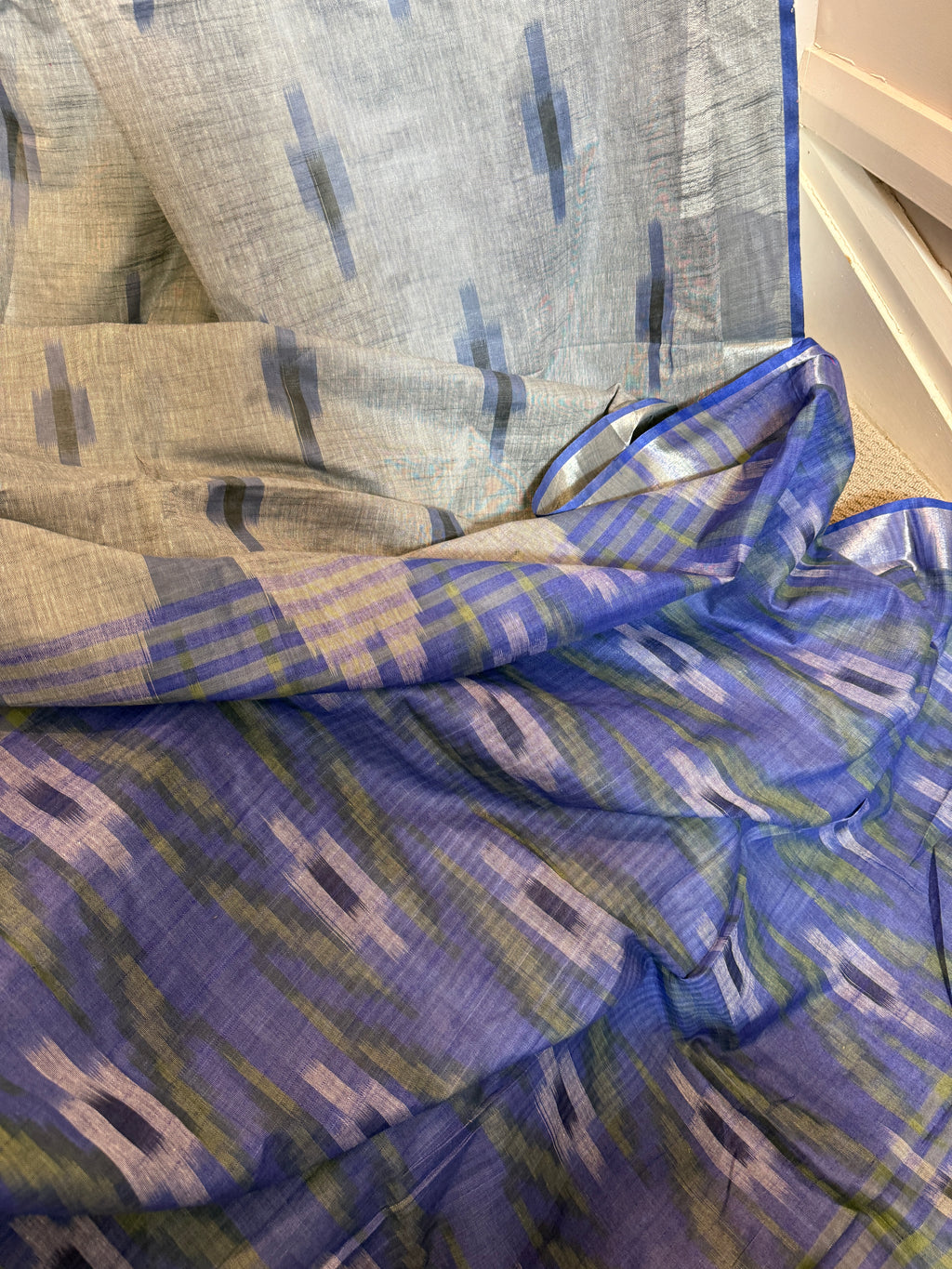Grey Blue Ikkat Linen saree