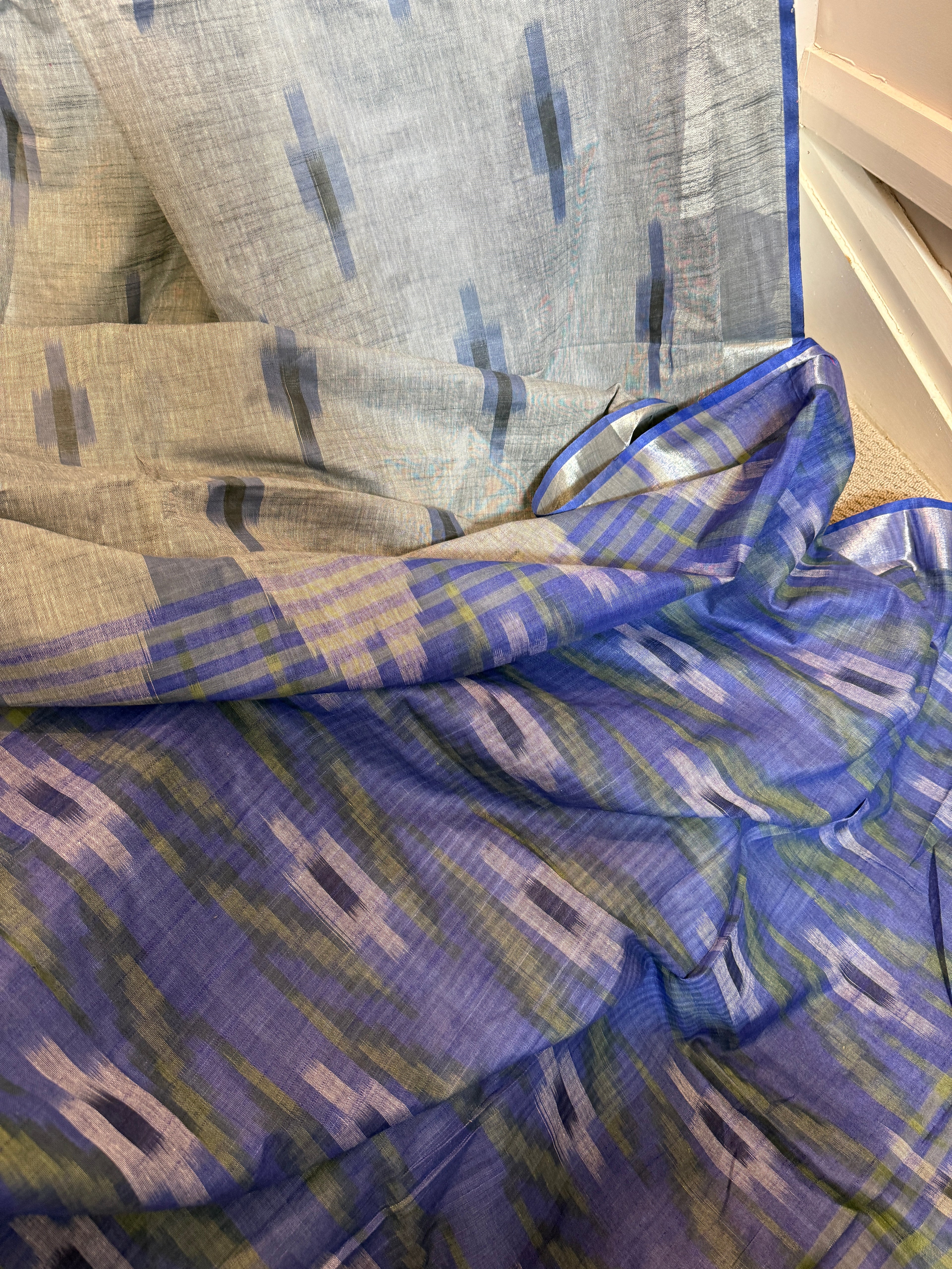 Grey Blue Ikkat Linen saree