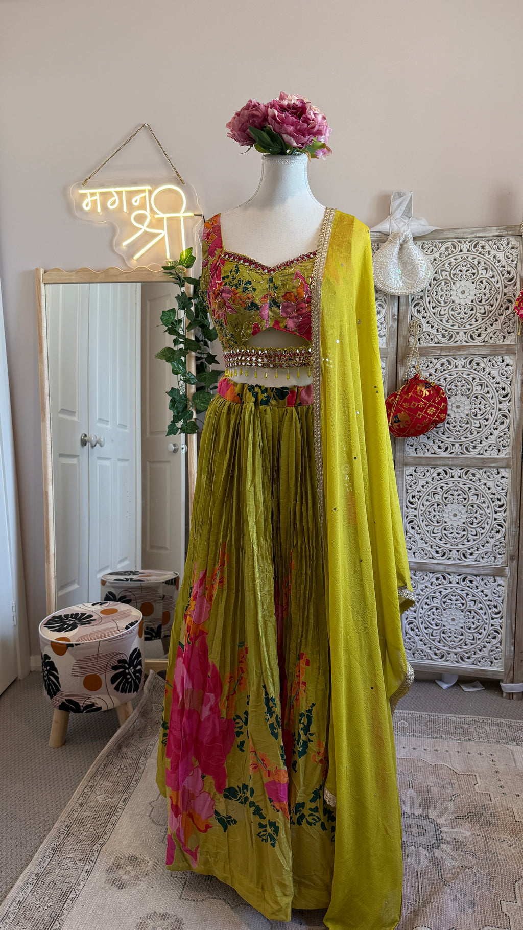 Green Pink Floral designer lehenga