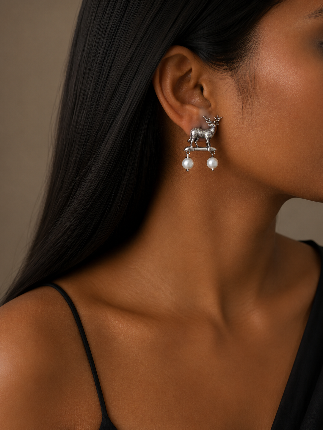 Pearl Deer Drop Earrings – Oxidised Brass Animal Motif Statement Earrings