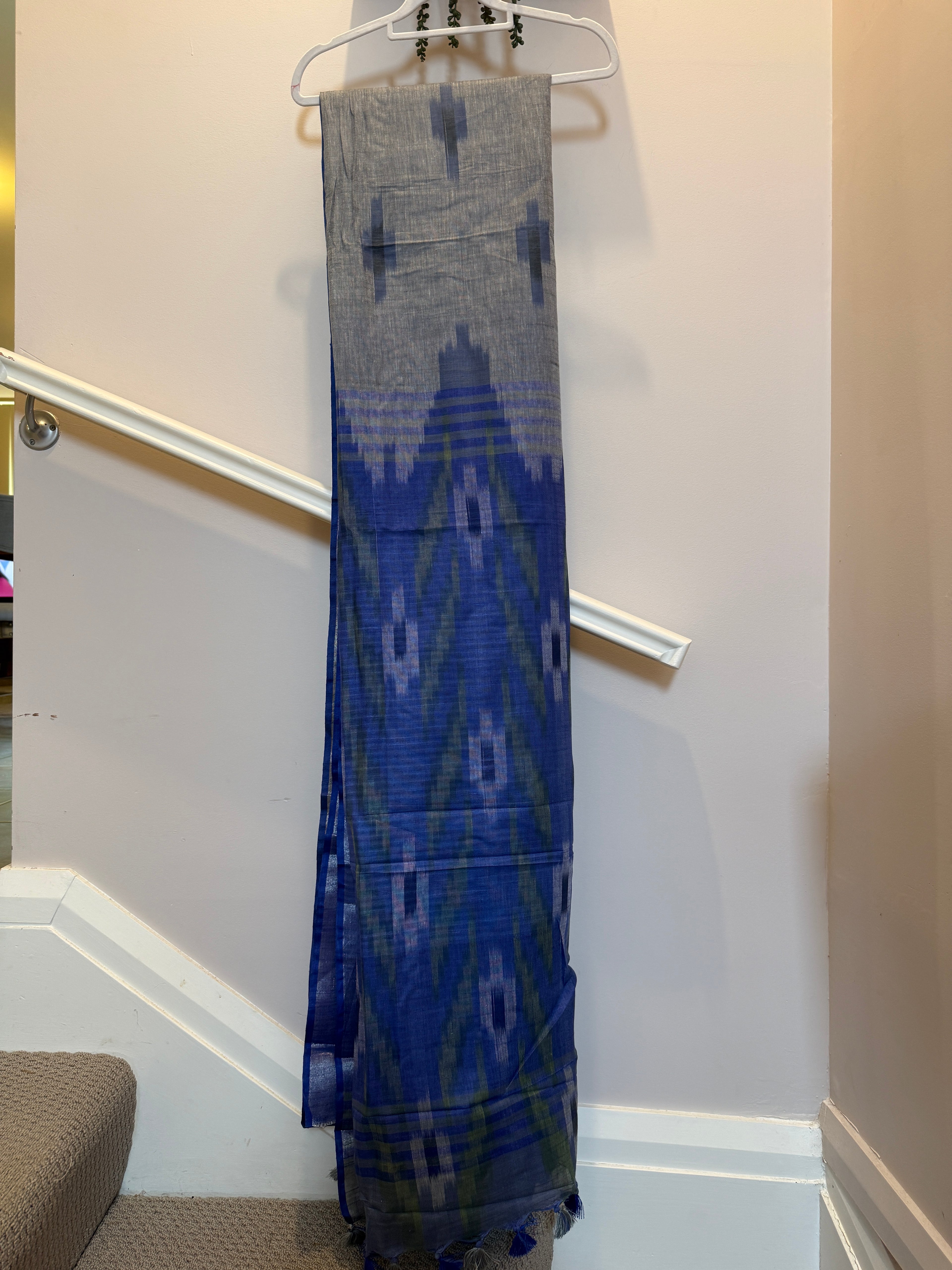 Grey Blue Ikkat Linen saree