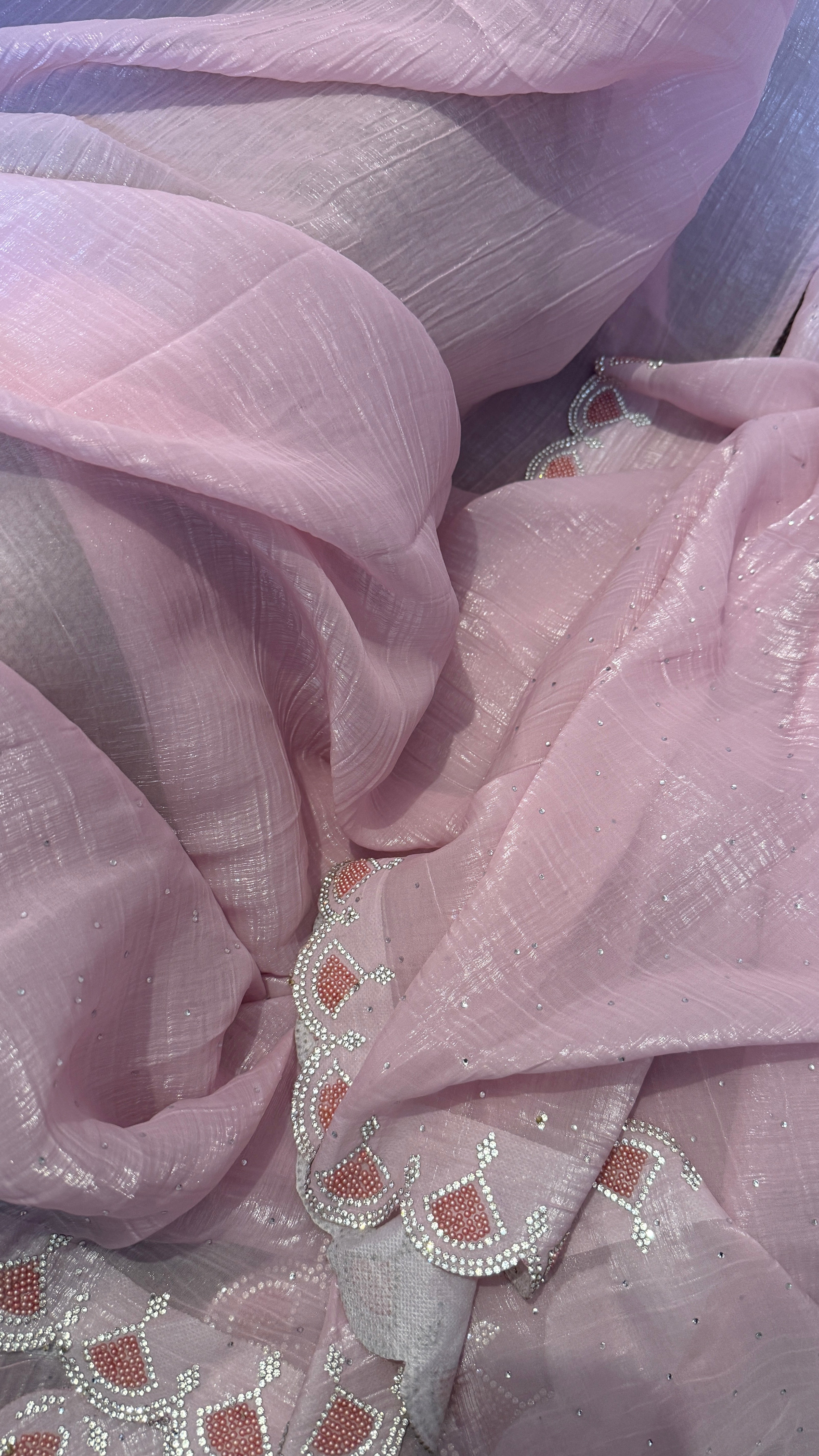Blush Pink Shimmer Crepe Saree with Embellished Border