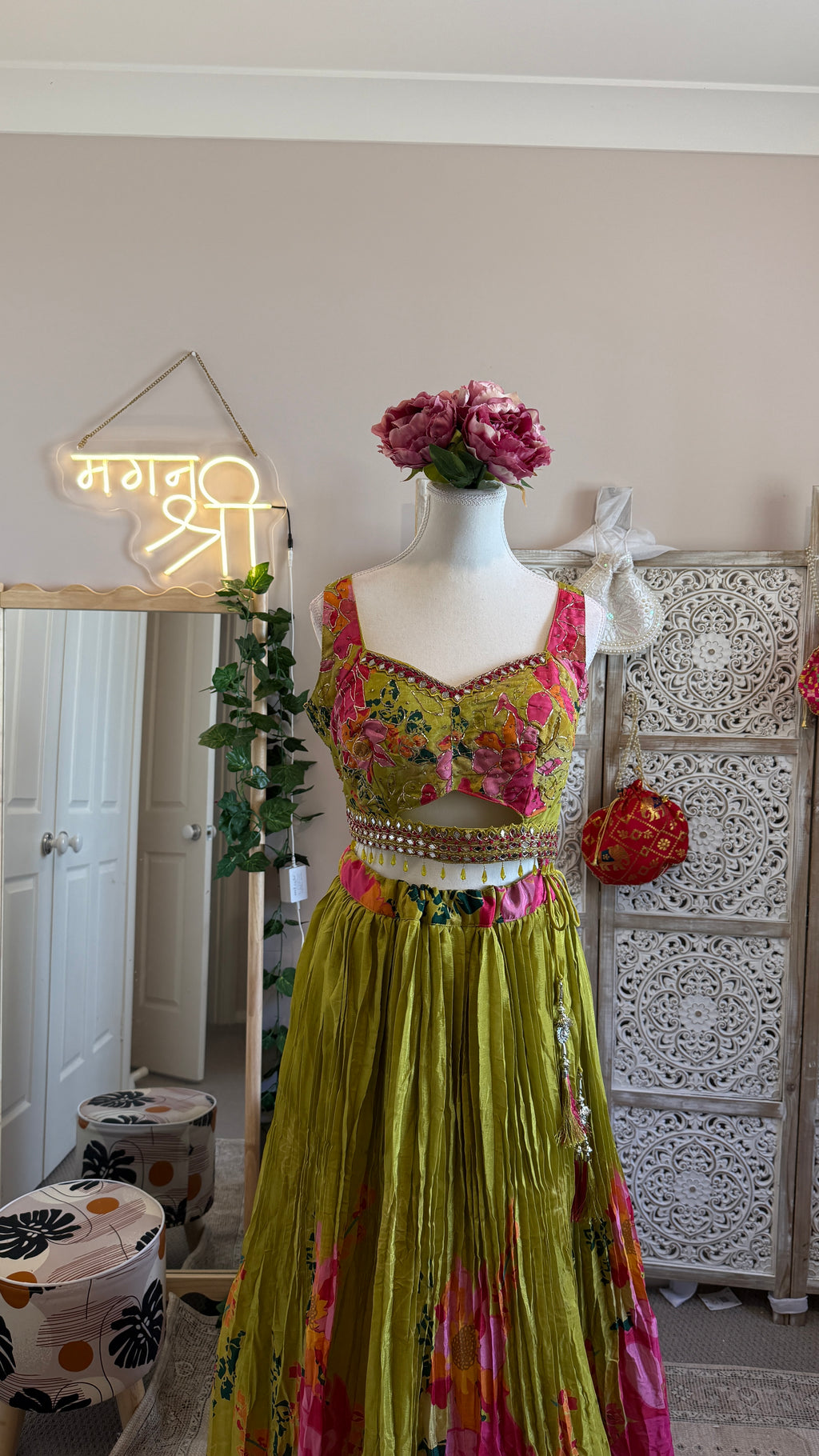 Green Pink Floral designer lehenga