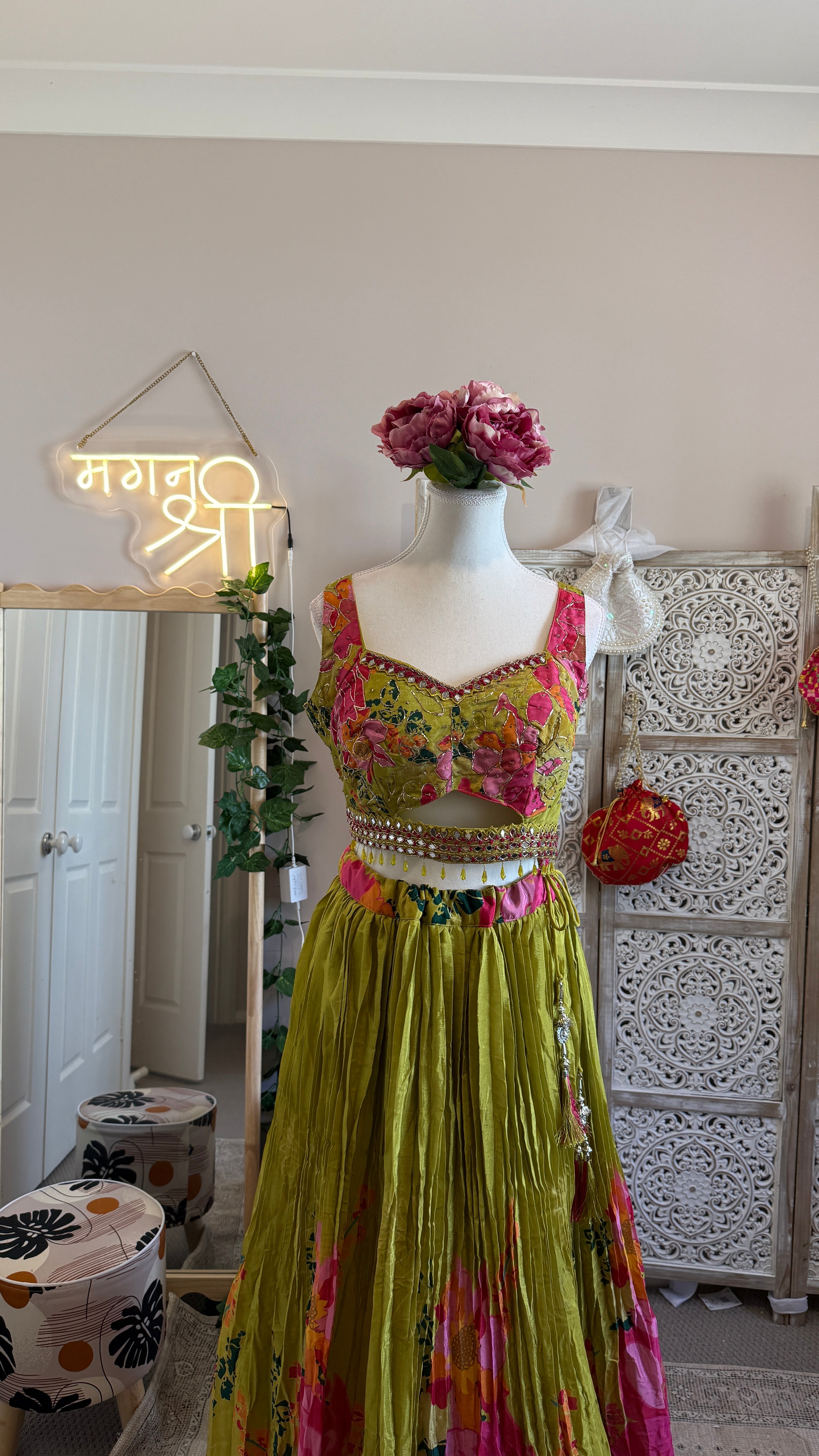 Green Pink Floral designer lehenga