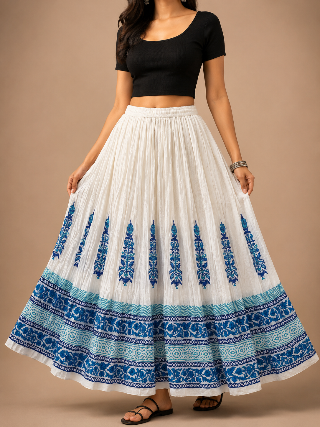 Cotton Block Print Flared Skirt with Elastic Waist & Side Drawstrings