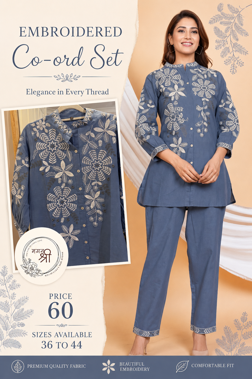 Dusty Blue Snowflake Embroidered Co-Ord Set