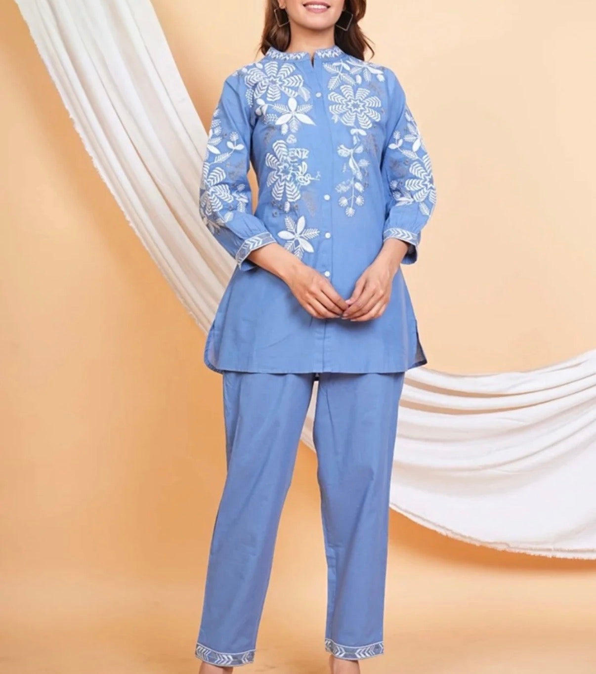 Dusty Blue Snowflake Embroidered Co-Ord Set