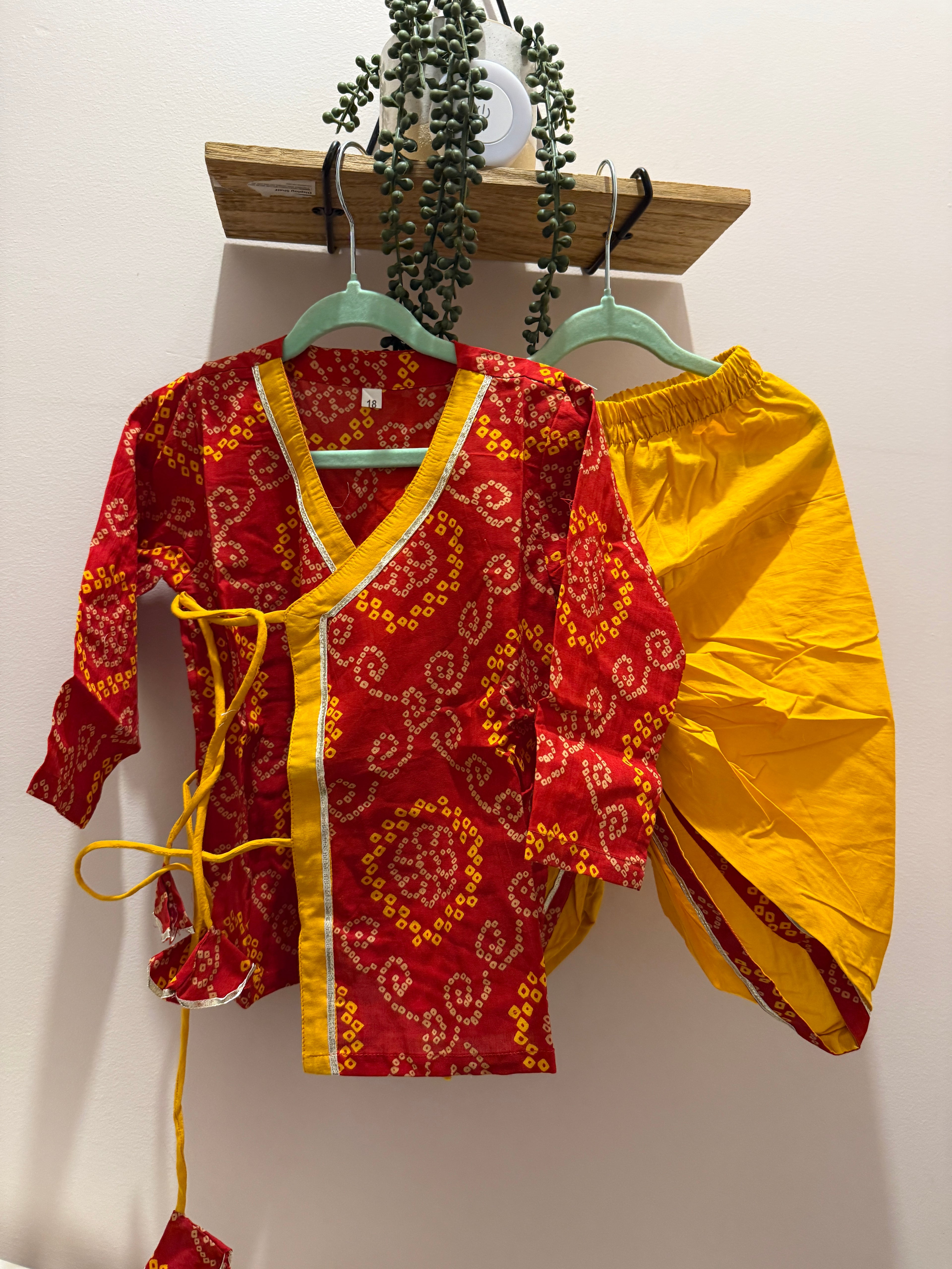 Toddler boys cotton Bandhani angrakha kurta with yellow dhoti pants for festive occasions