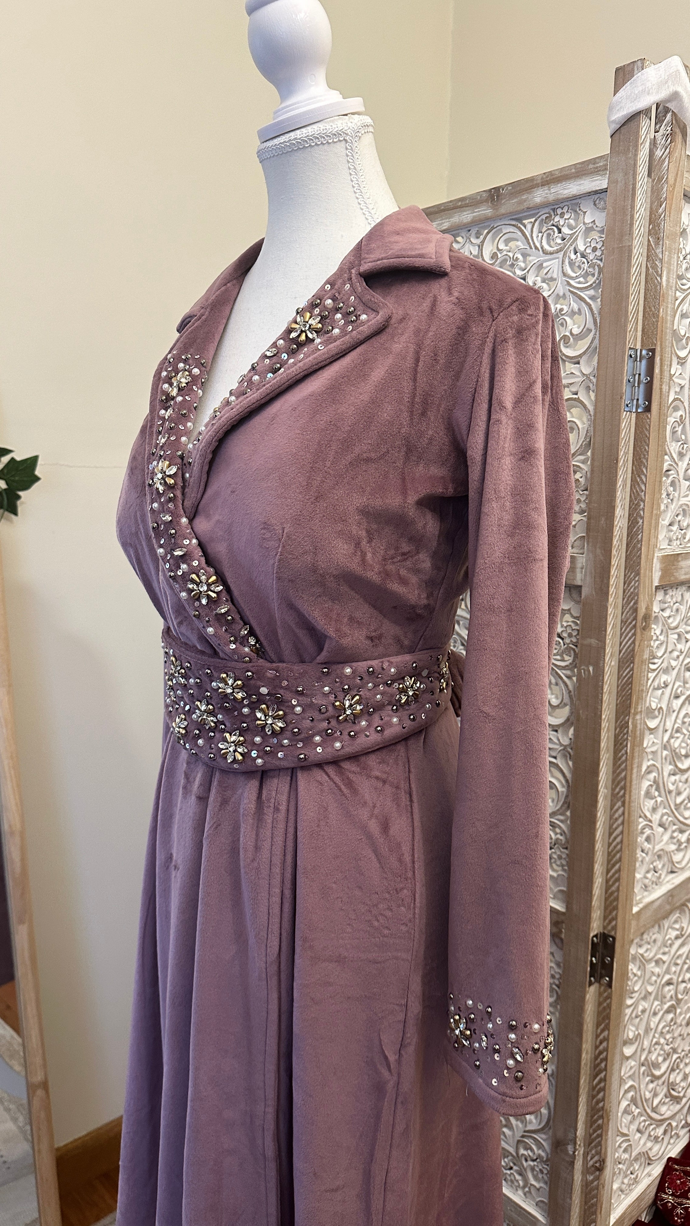 Shahi Wrap — Dusty Mauve Suede Velvet Midi Wrap Dress