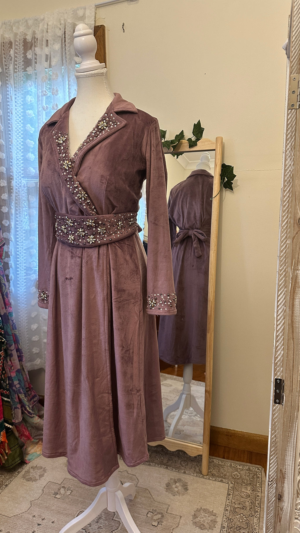 Shahi Wrap — Dusty Mauve Suede Velvet Midi Wrap Dress
