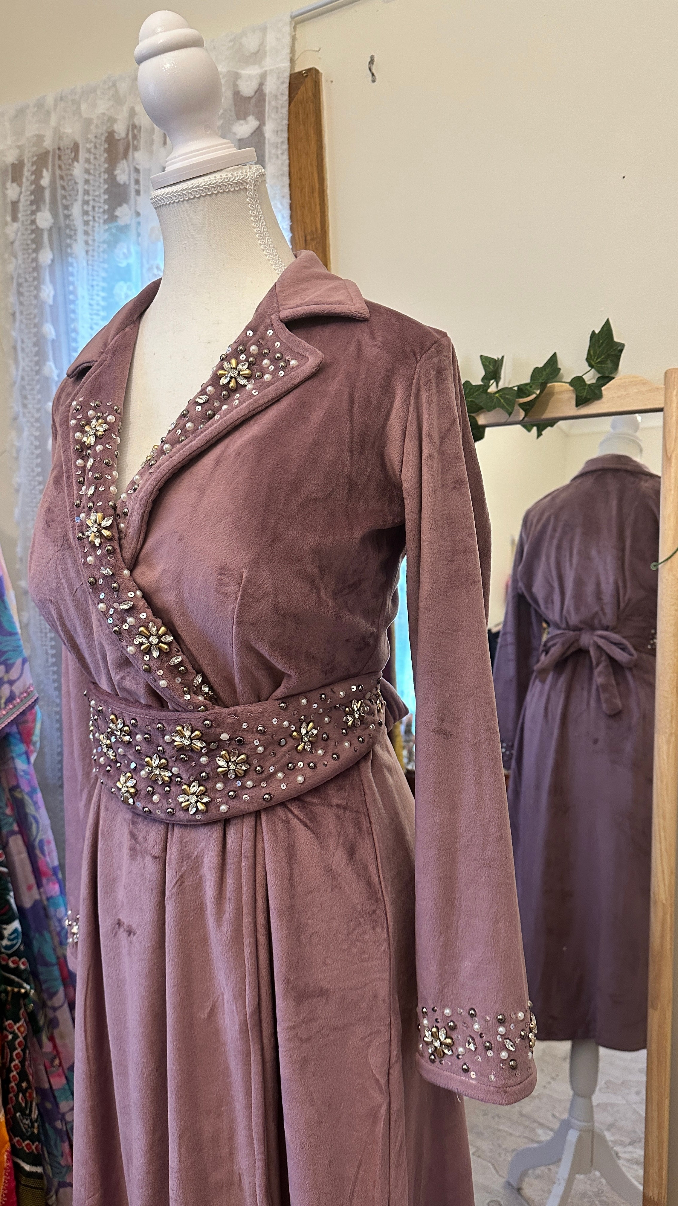 Shahi Wrap — Dusty Mauve Suede Velvet Midi Wrap Dress