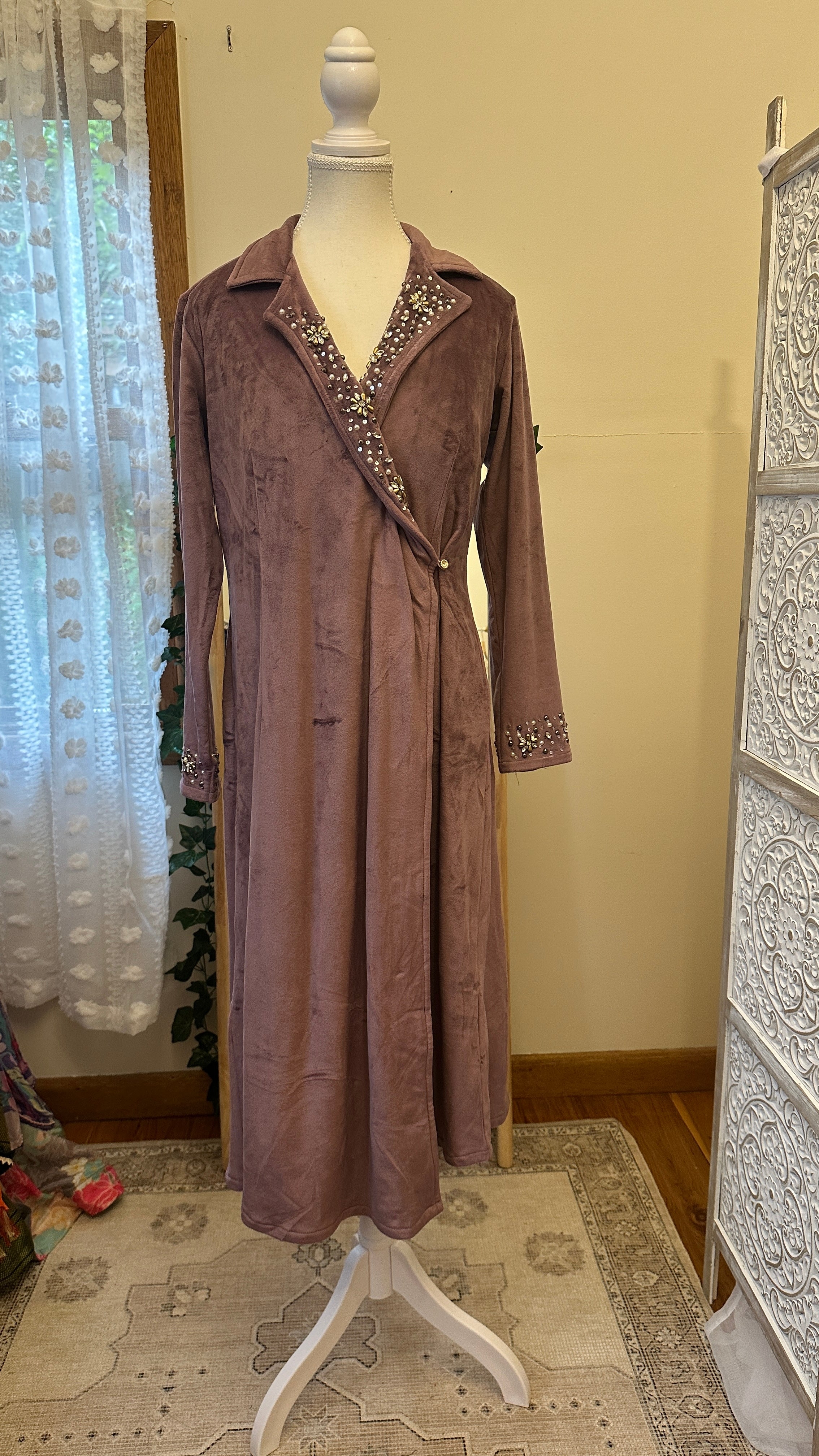 Shahi Wrap — Dusty Mauve Suede Velvet Midi Wrap Dress