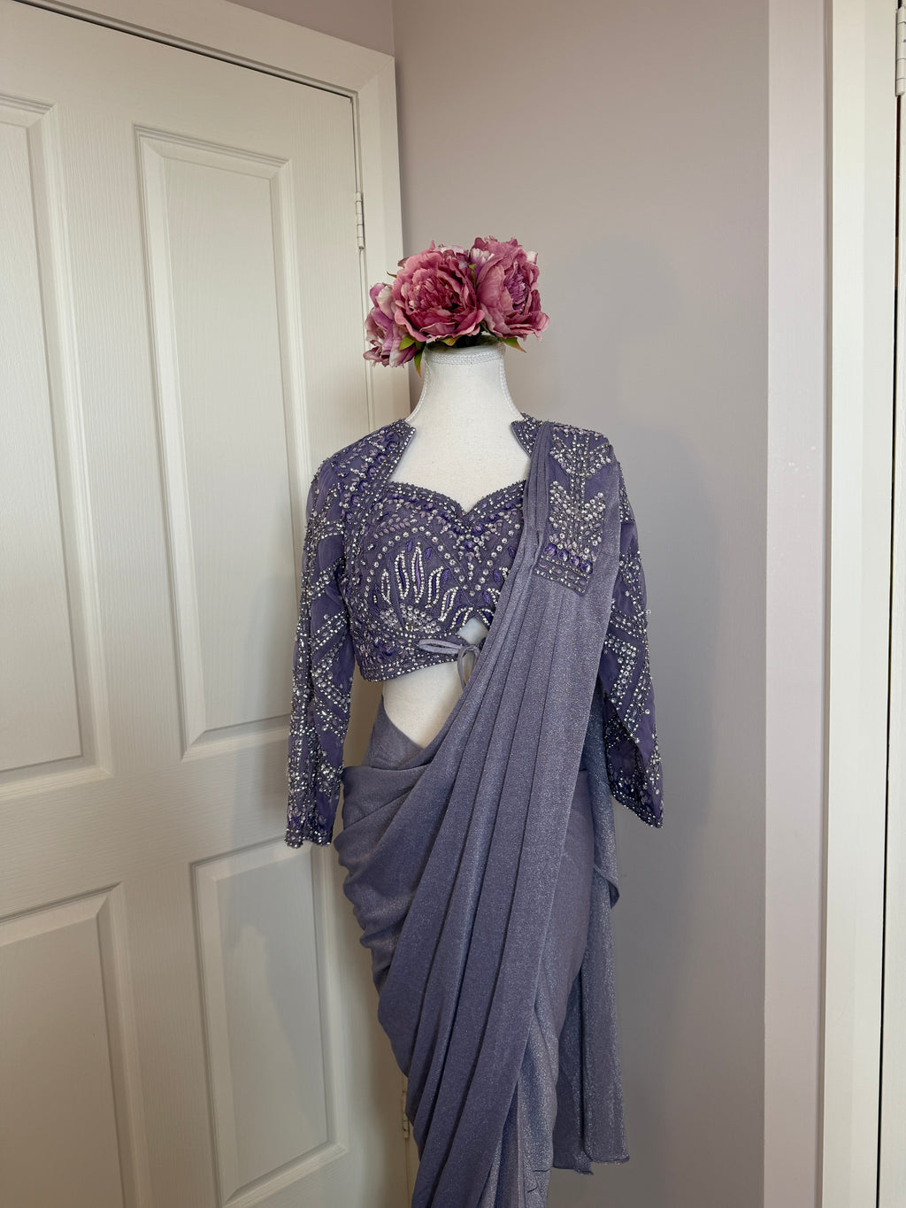 Lavender Crystal Embellished Ready-to-Wear Drape Saree with Complimentary Petticoat