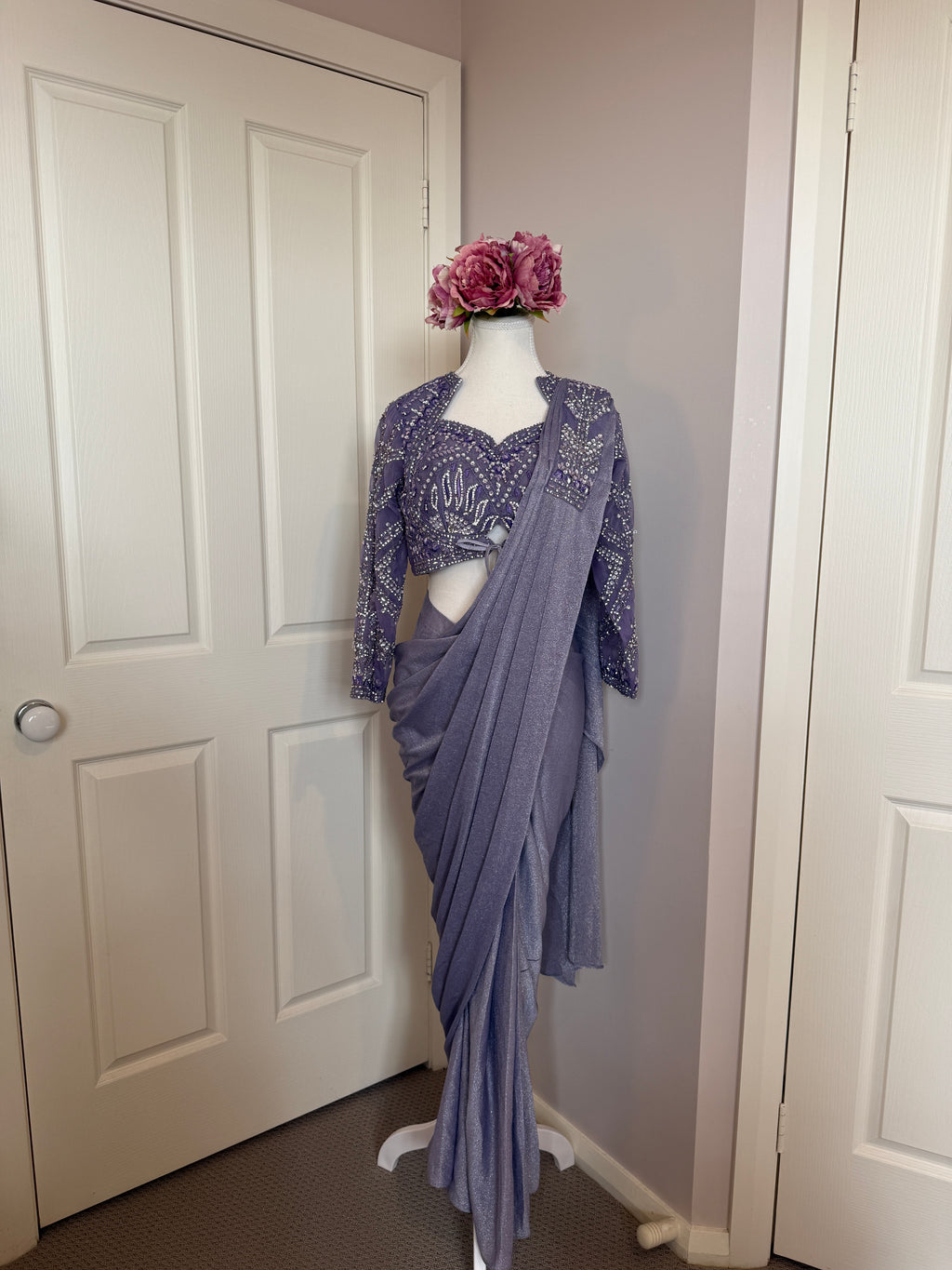Lavender Crystal Embellished Ready-to-Wear Drape Saree with Complimentary Petticoat