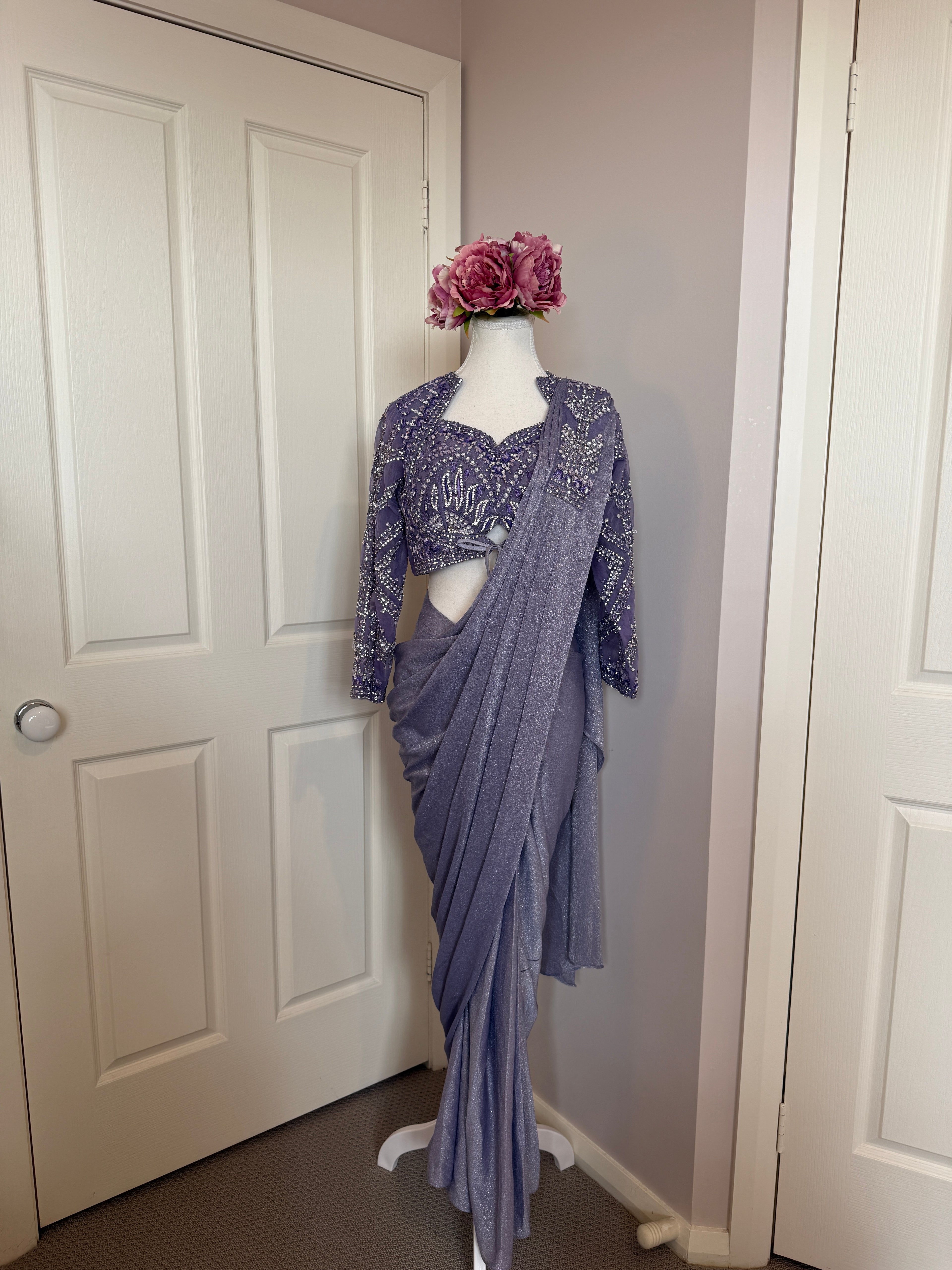 Lavender Crystal Embellished Ready-to-Wear Drape Saree with Complimentary Petticoat