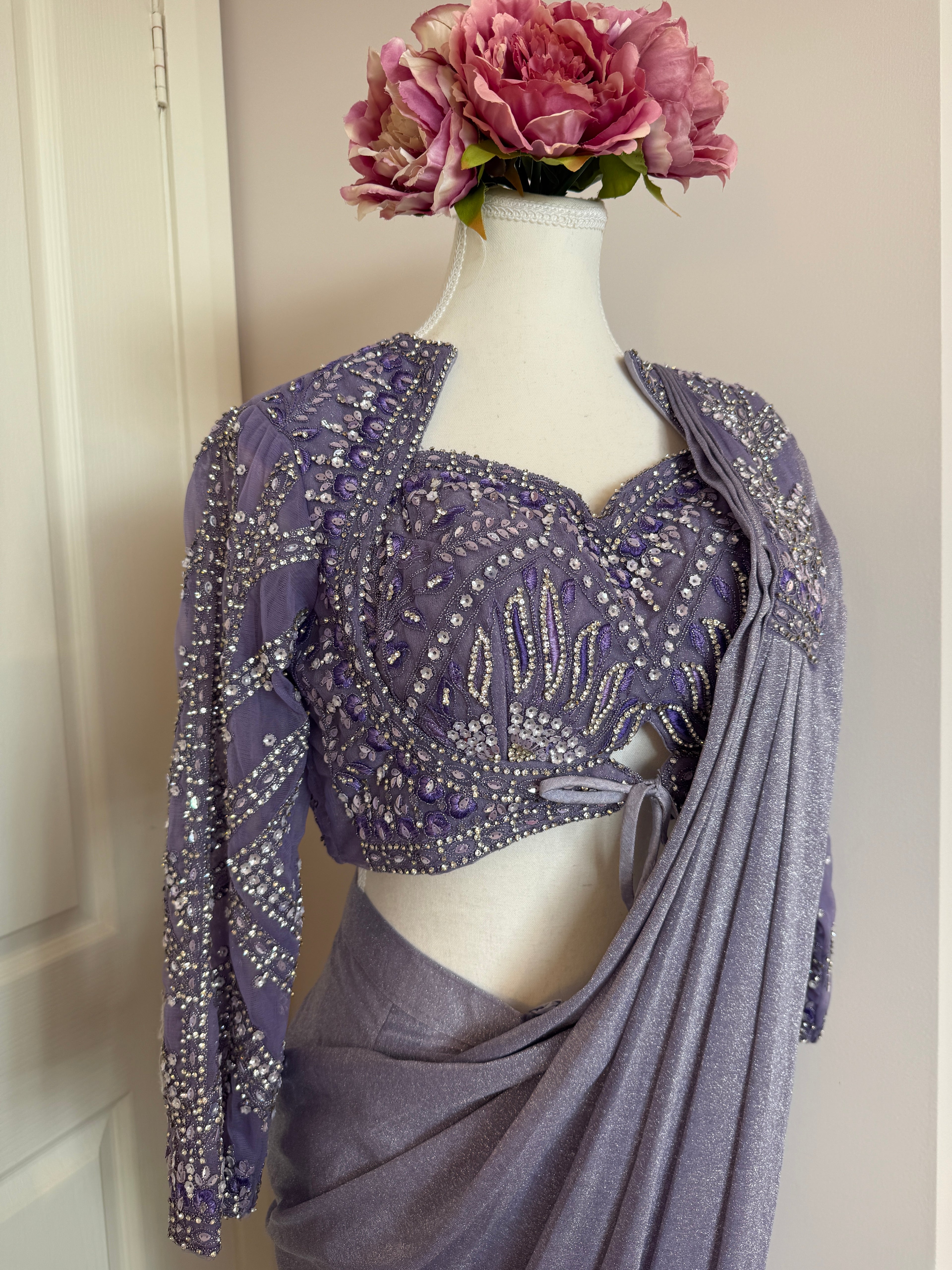 Lavender Crystal Embellished Ready-to-Wear Drape Saree with Complimentary Petticoat