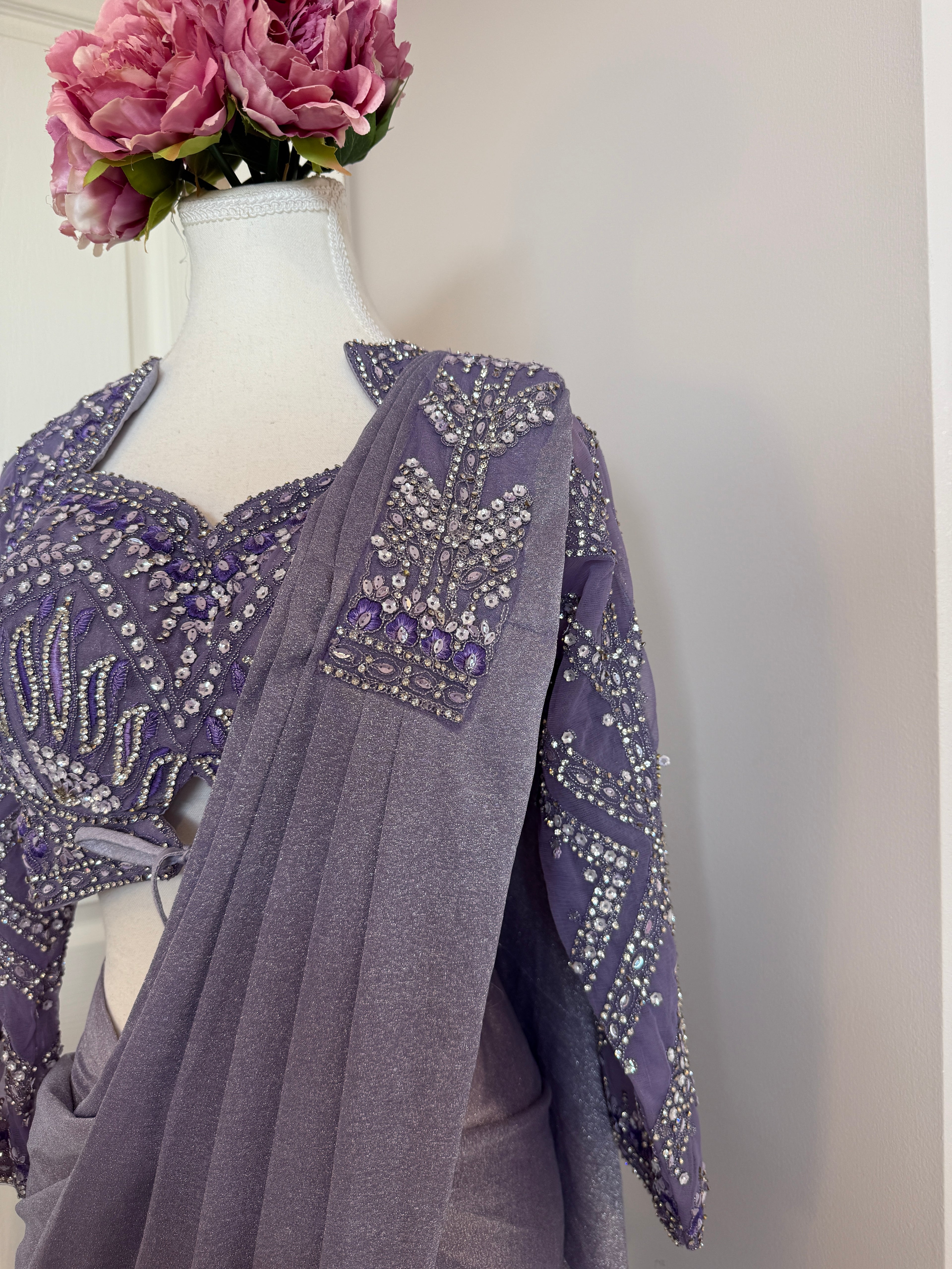 Lavender Crystal Embellished Ready-to-Wear Drape Saree with Complimentary Petticoat