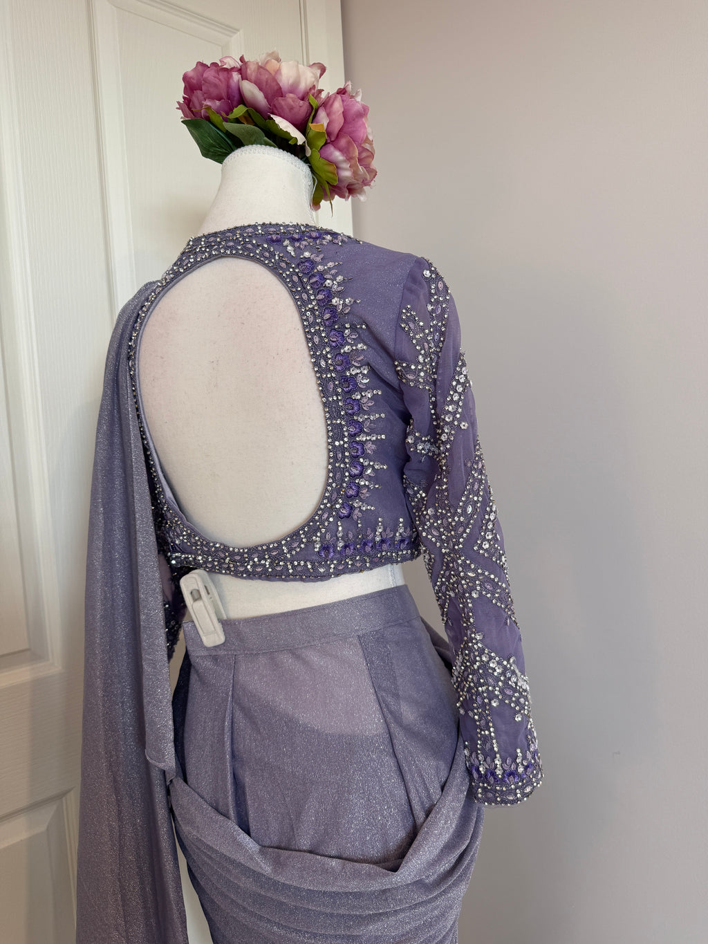 Lavender Crystal Embellished Ready-to-Wear Drape Saree with Complimentary Petticoat