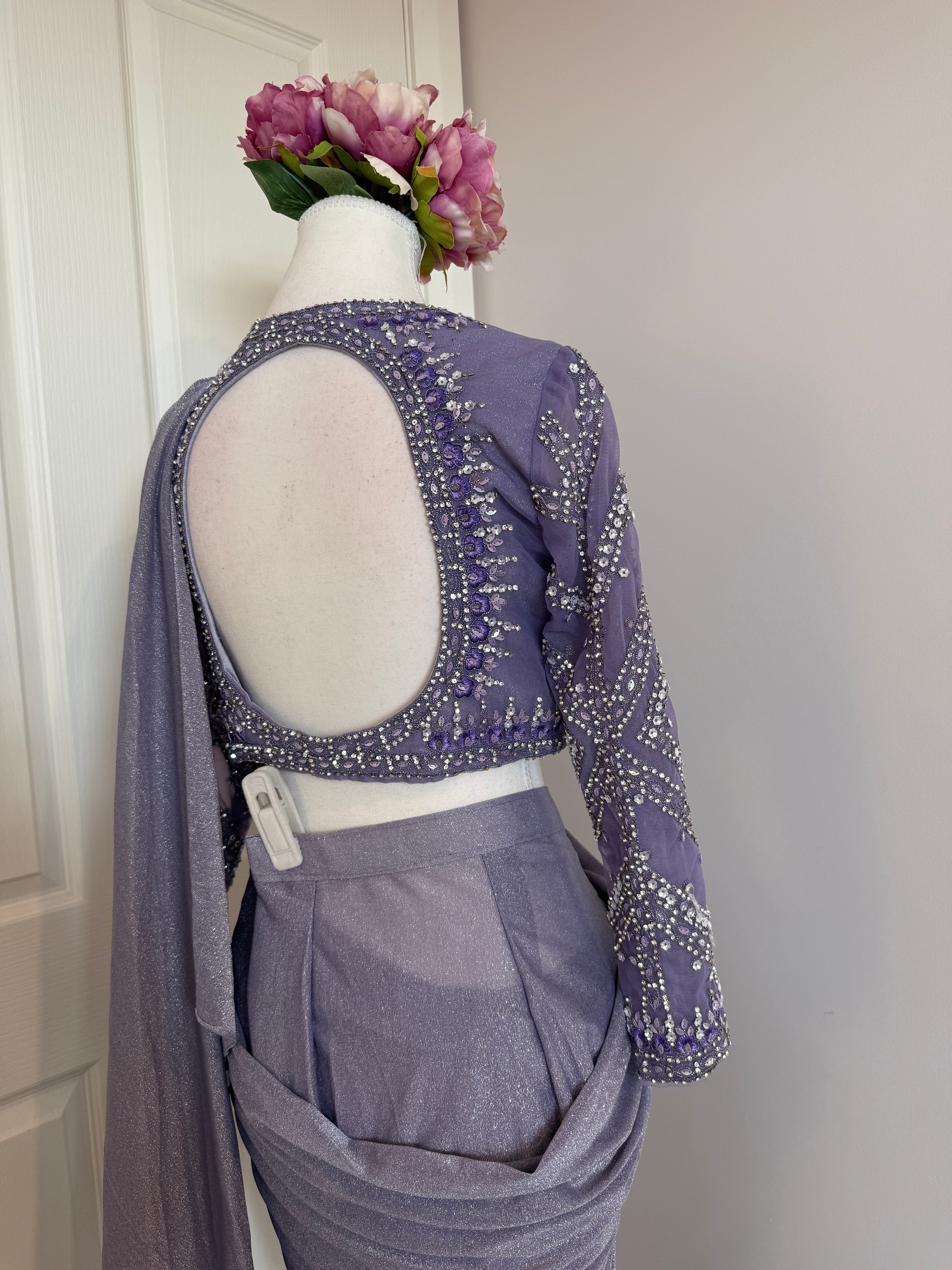 Lavender Crystal Embellished Ready-to-Wear Drape Saree with Complimentary Petticoat