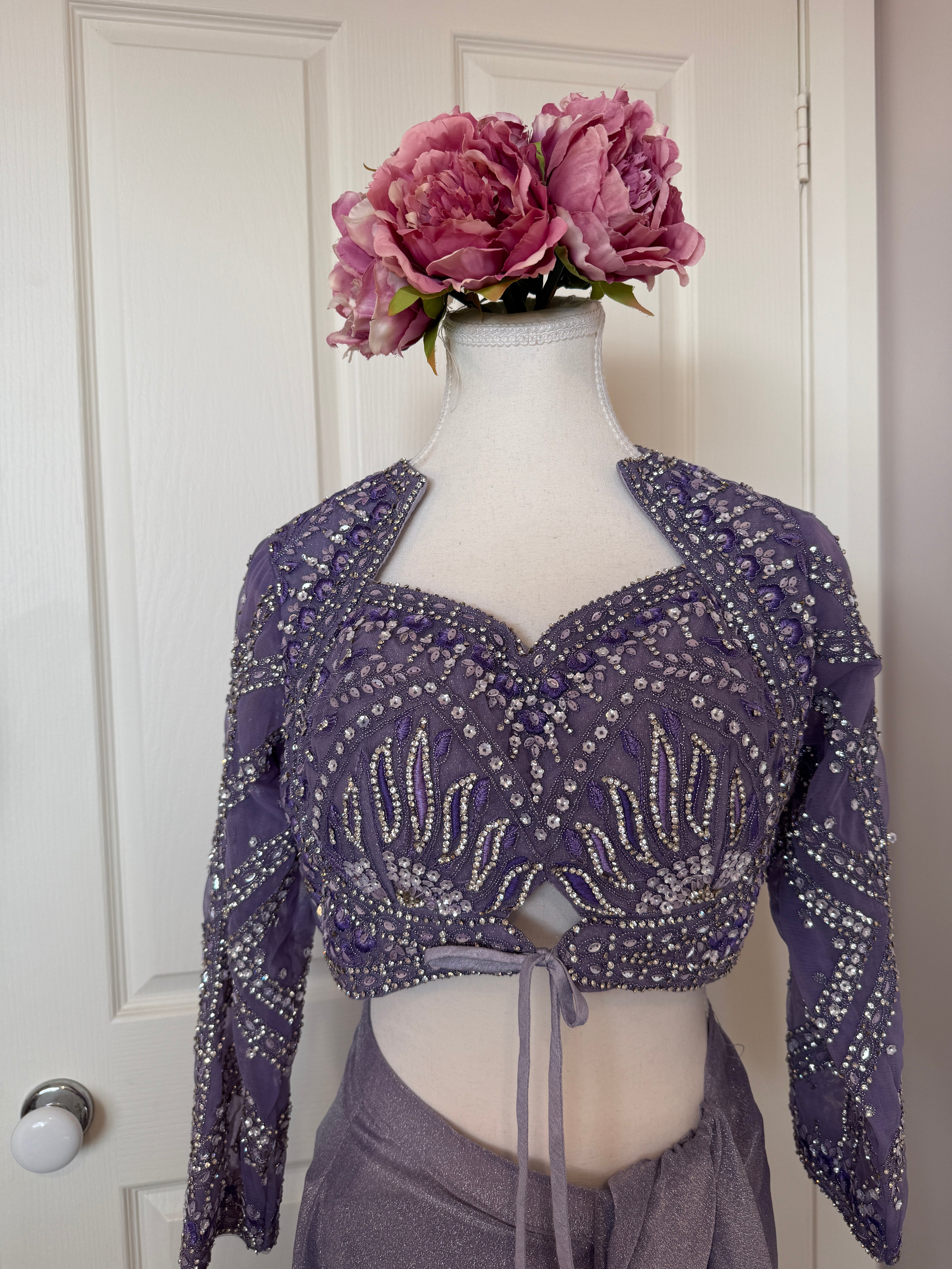 Lavender Crystal Embellished Ready-to-Wear Drape Saree with Complimentary Petticoat