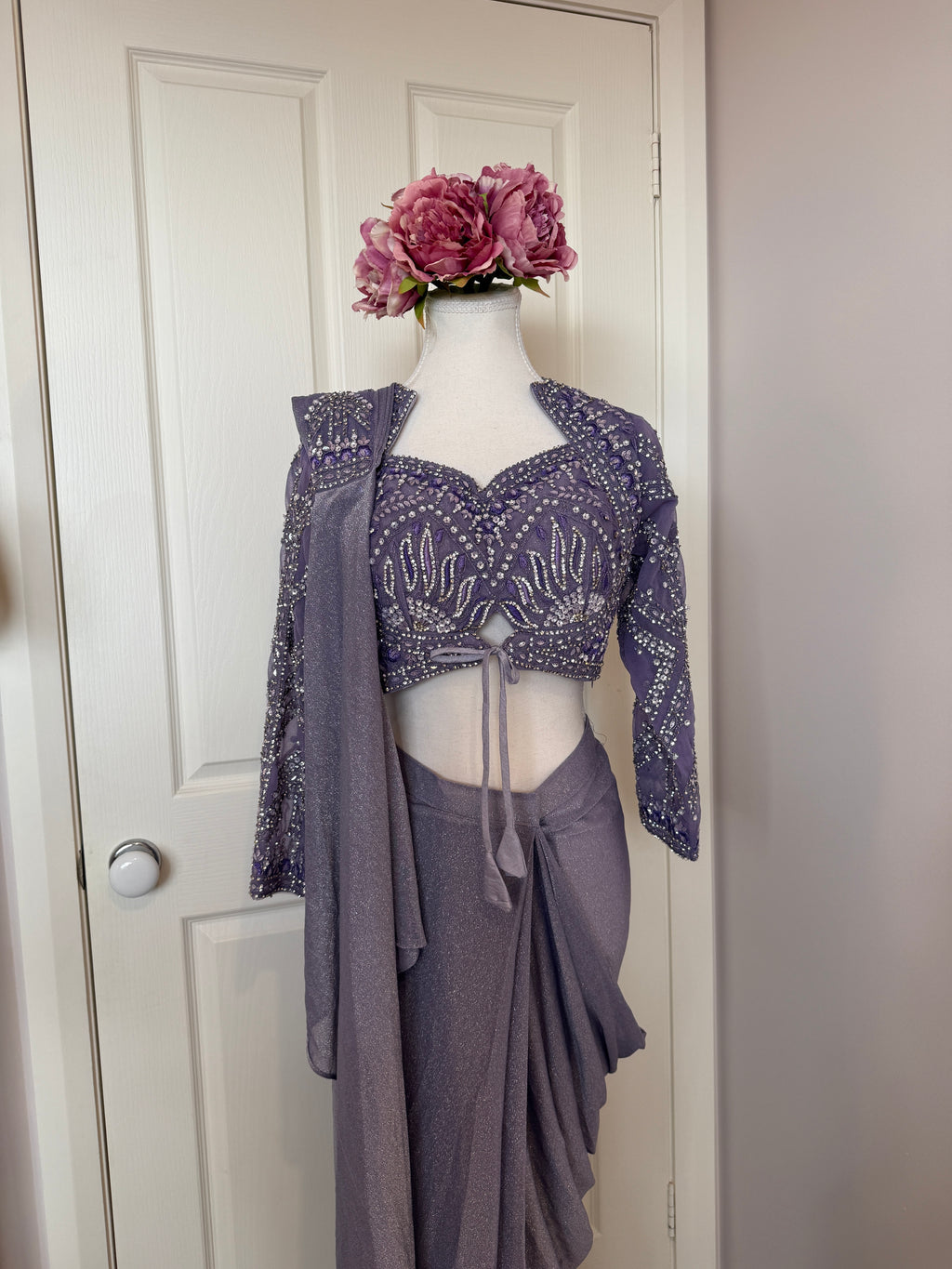 Lavender Crystal Embellished Ready-to-Wear Drape Saree with Complimentary Petticoat
