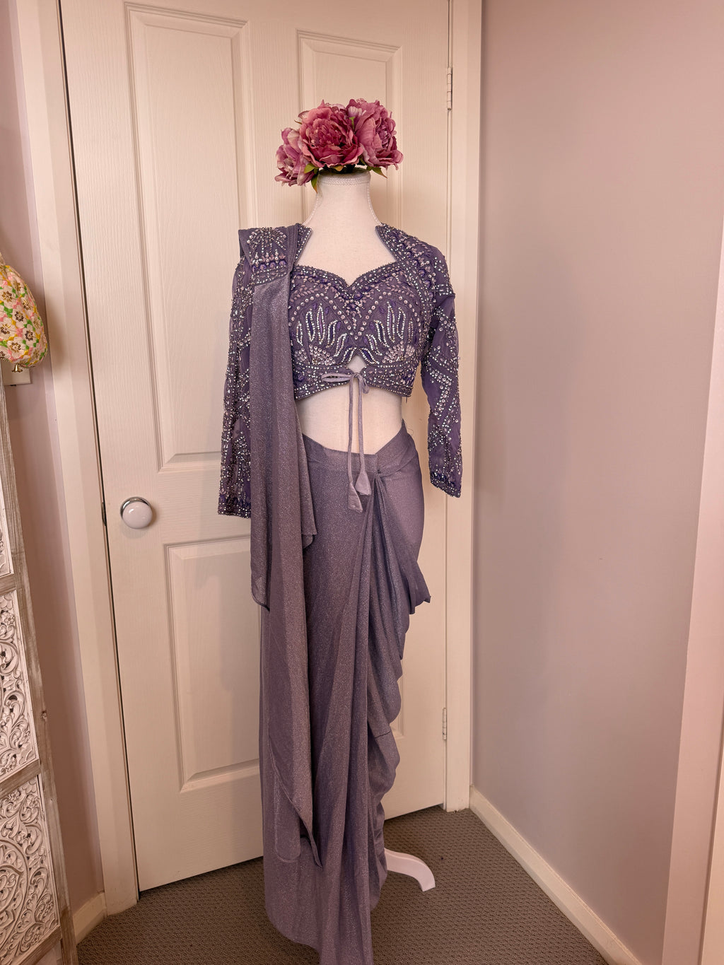 Lavender Crystal Embellished Ready-to-Wear Drape Saree with Complimentary Petticoat
