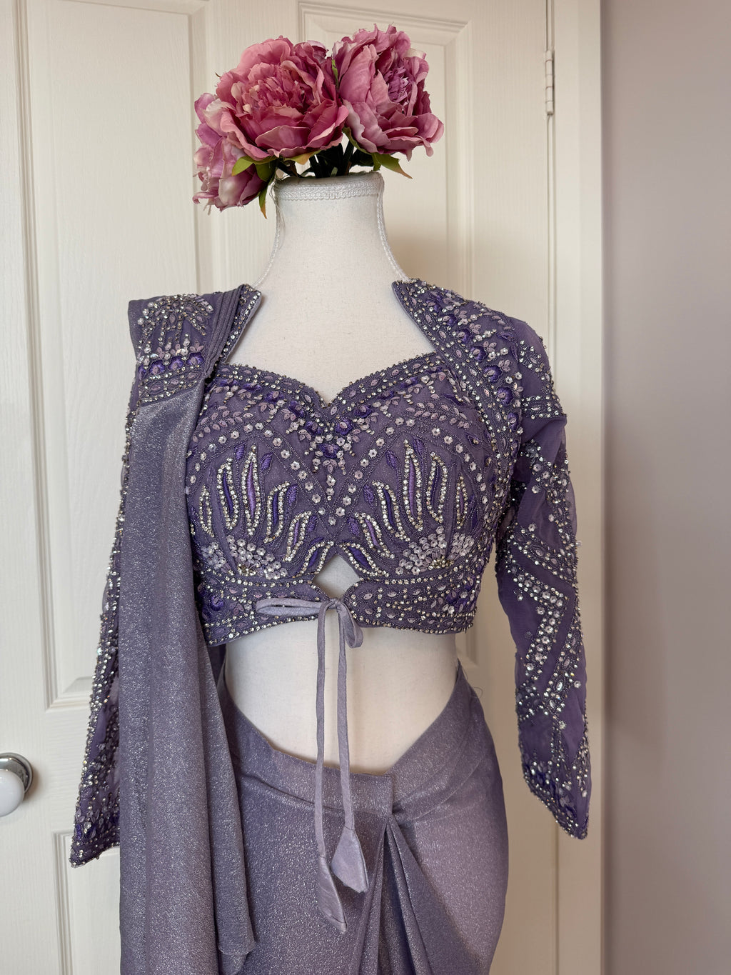 Lavender Crystal Embellished Ready-to-Wear Drape Saree with Complimentary Petticoat