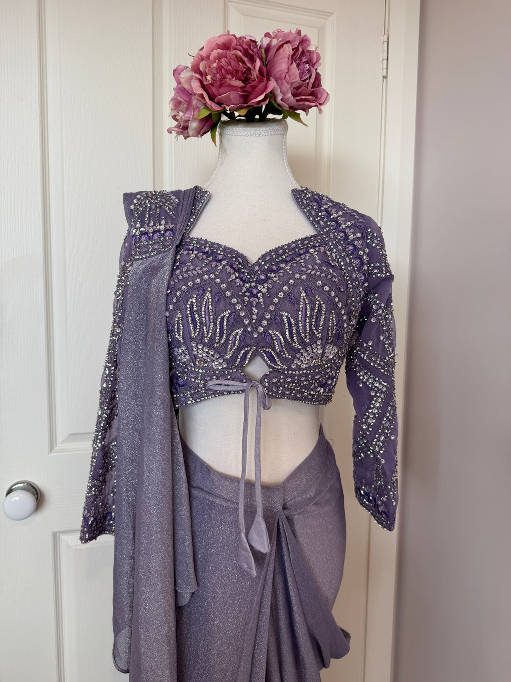 Lavender Crystal Embellished Ready-to-Wear Drape Saree with Complimentary Petticoat