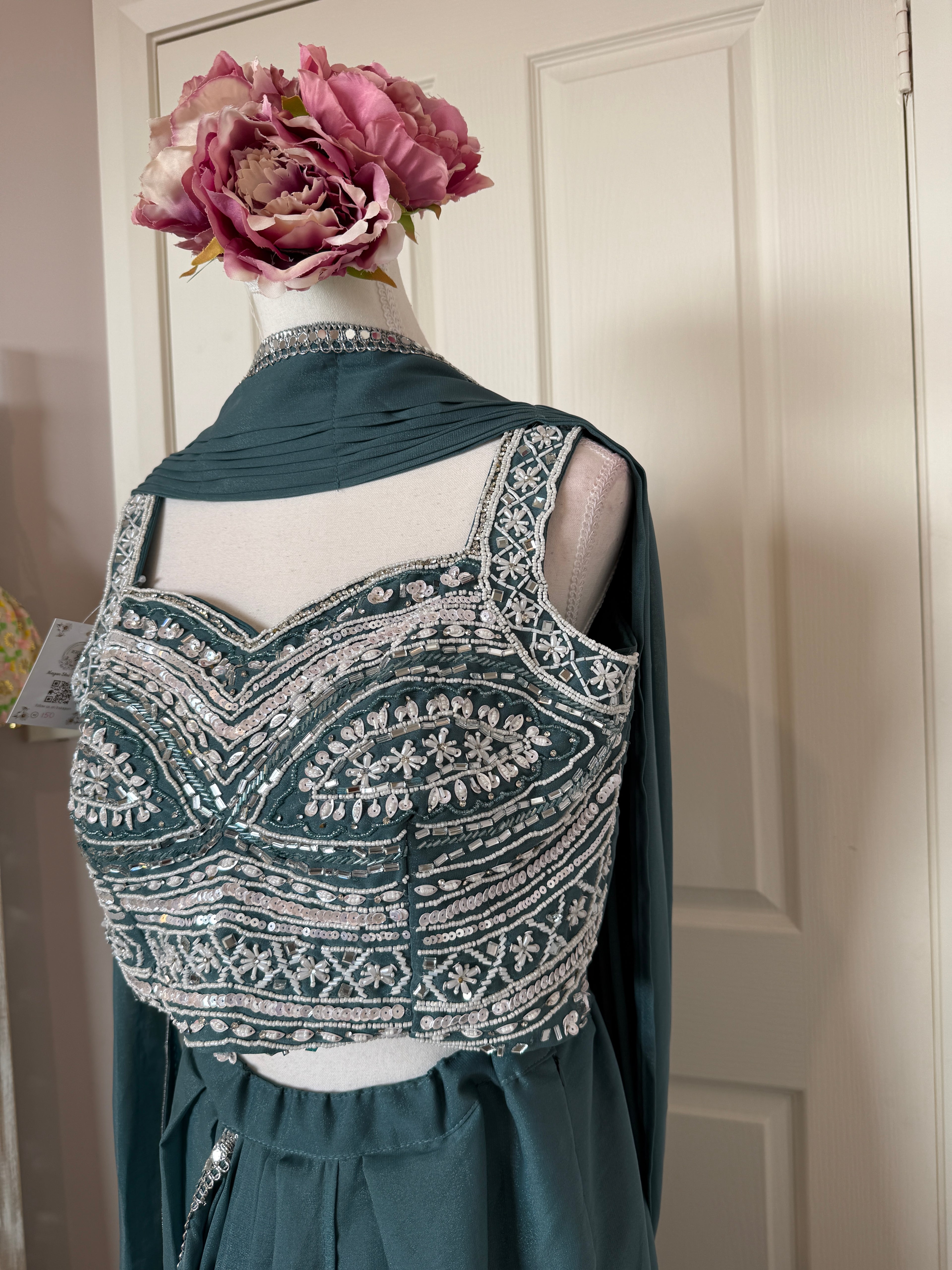 Teal Blue Ready-to-Wear Drape Saree with Hand-Embroidered Blouse
