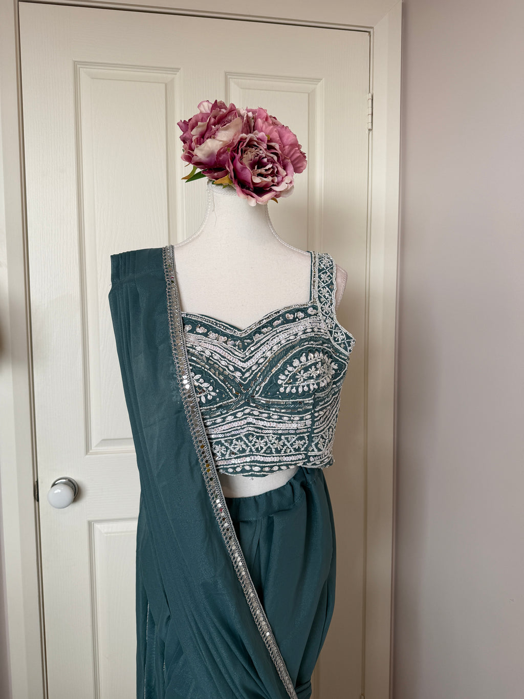 Teal Blue Ready-to-Wear Drape Saree with Hand-Embroidered Blouse