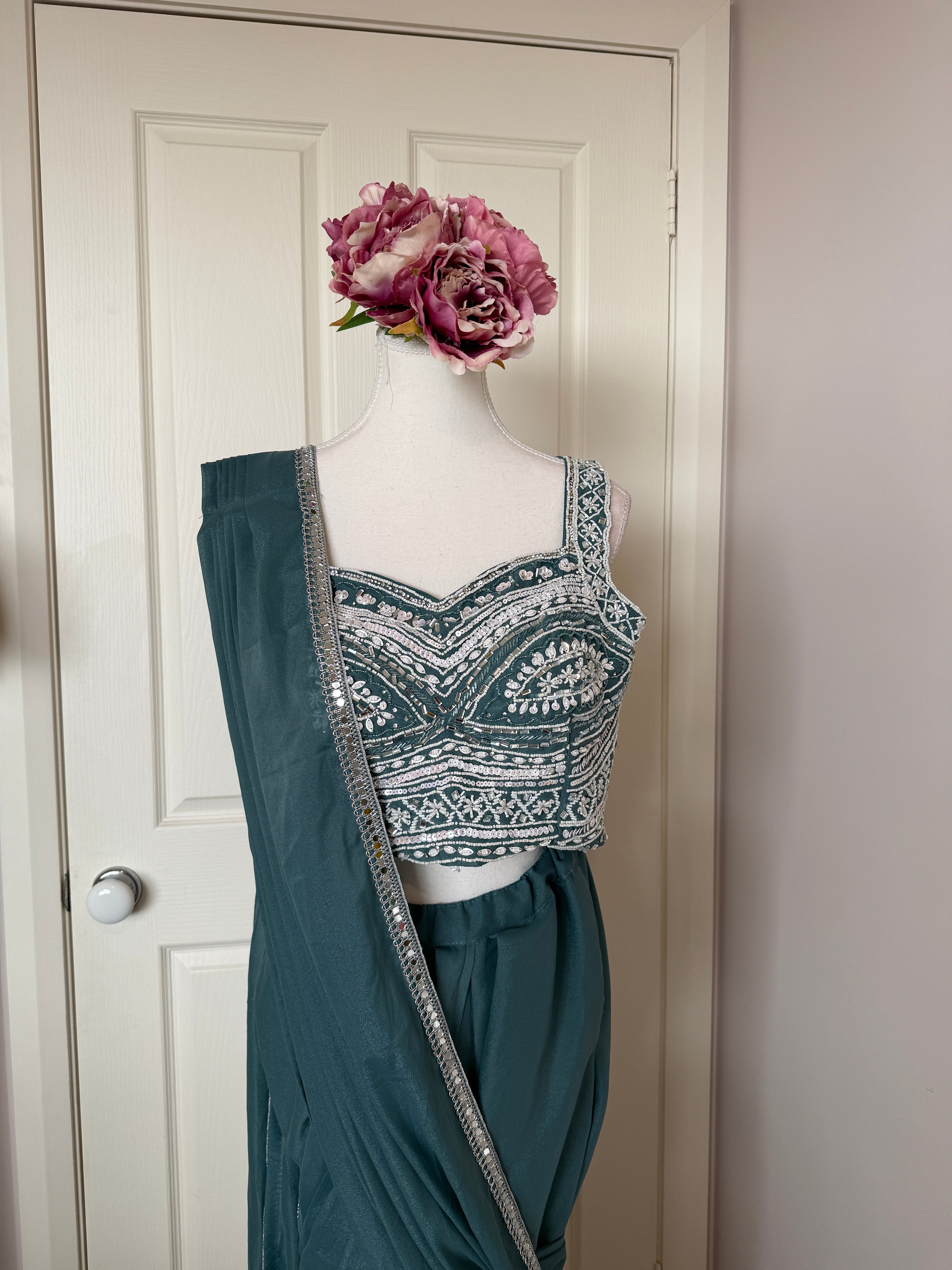 Teal Blue Ready-to-Wear Drape Saree with Hand-Embroidered Blouse