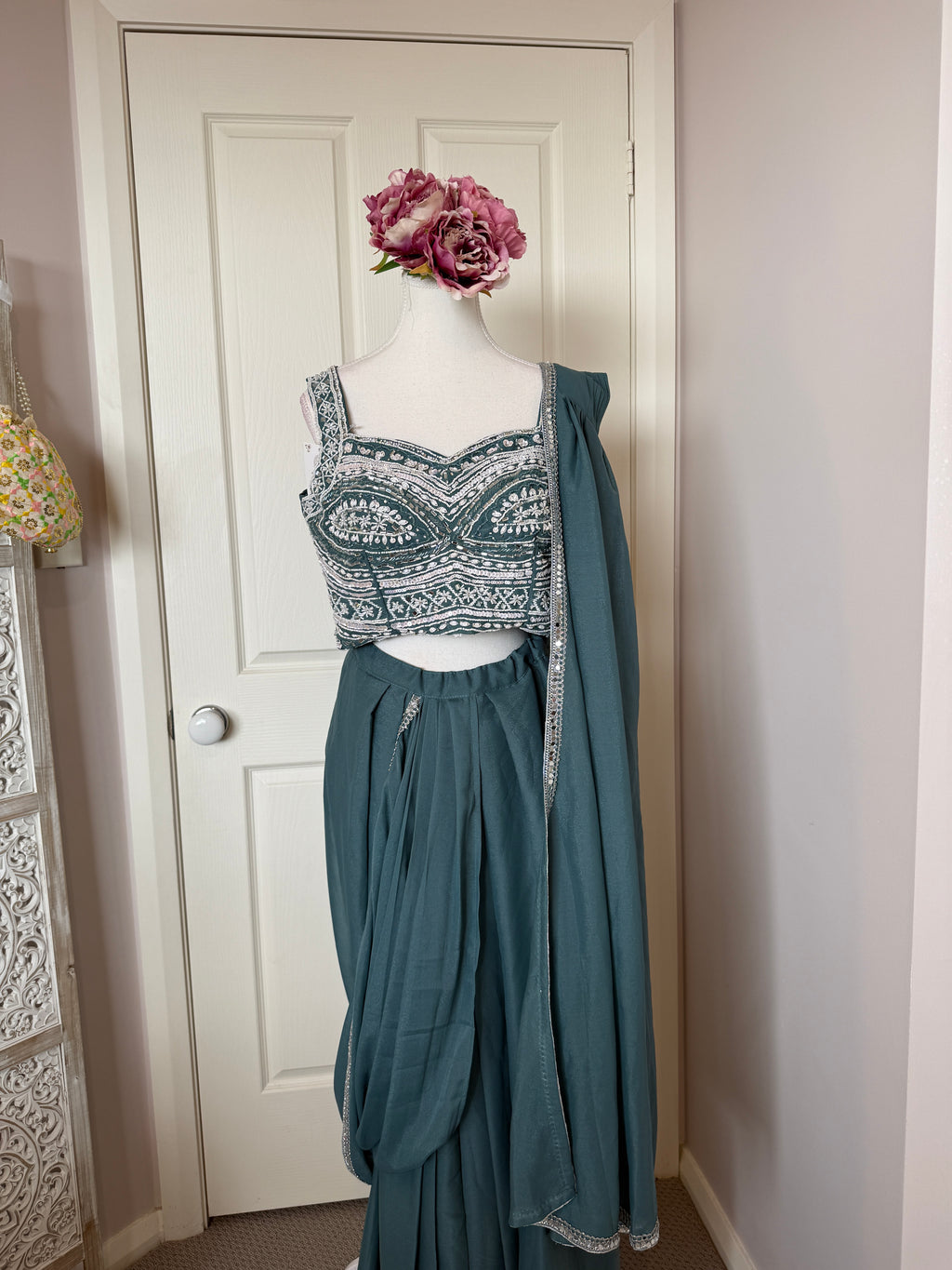 Teal Blue Ready-to-Wear Drape Saree with Hand-Embroidered Blouse