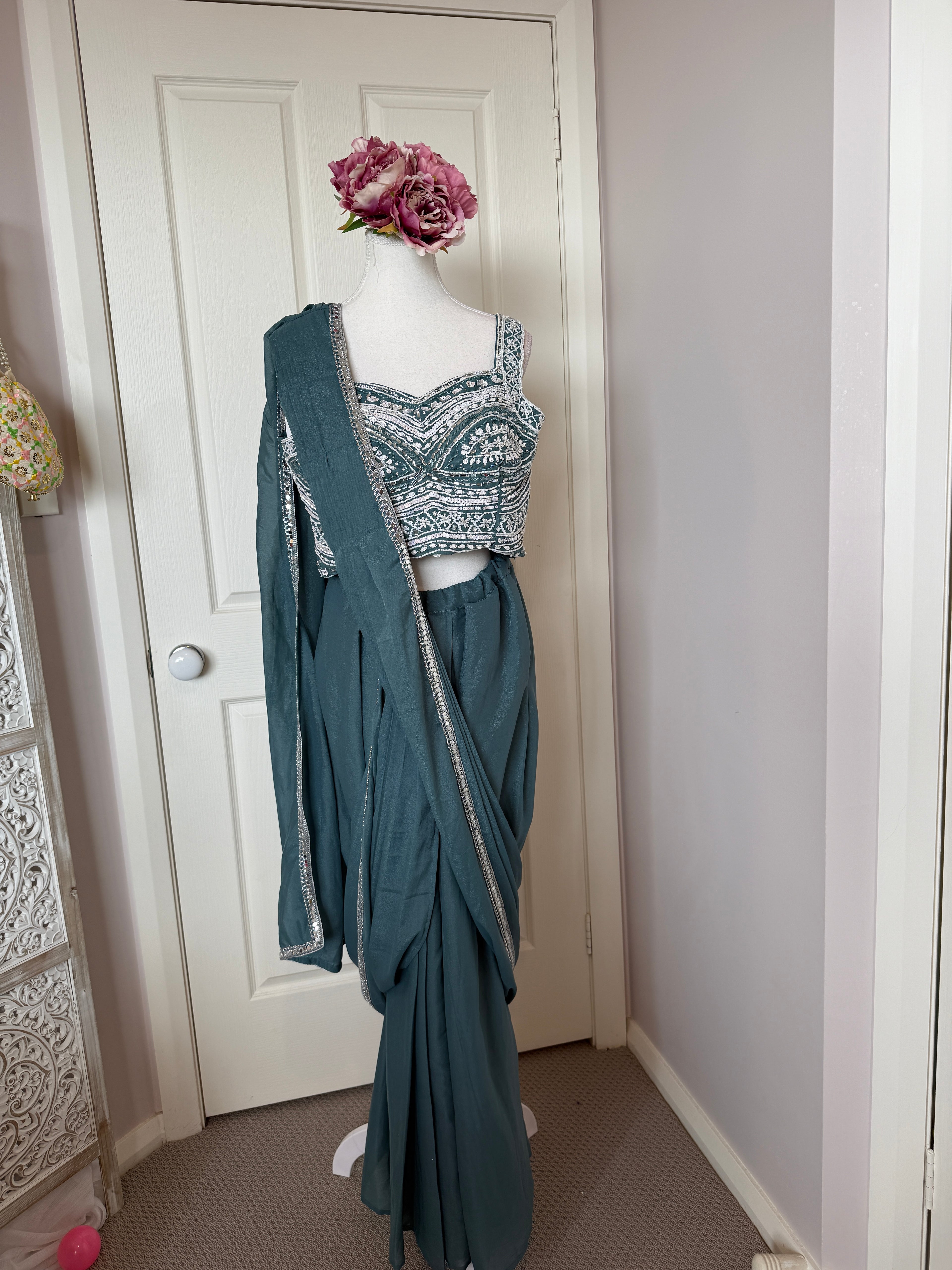 Teal Blue Ready-to-Wear Drape Saree with Hand-Embroidered Blouse
