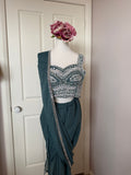Teal Blue Ready-to-Wear Drape Saree with Hand-Embroidered Blouse