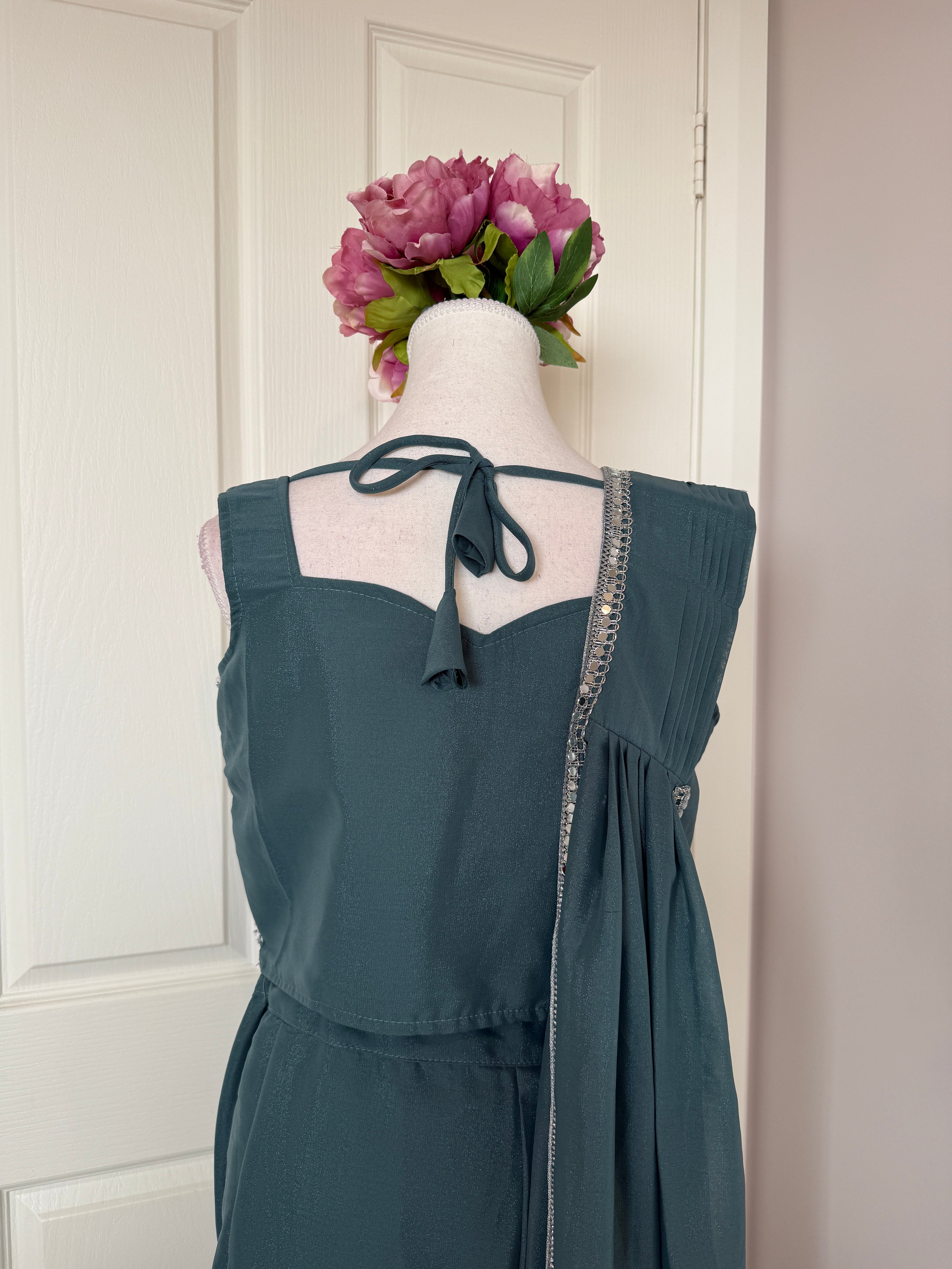 Teal Blue Ready-to-Wear Drape Saree with Hand-Embroidered Blouse