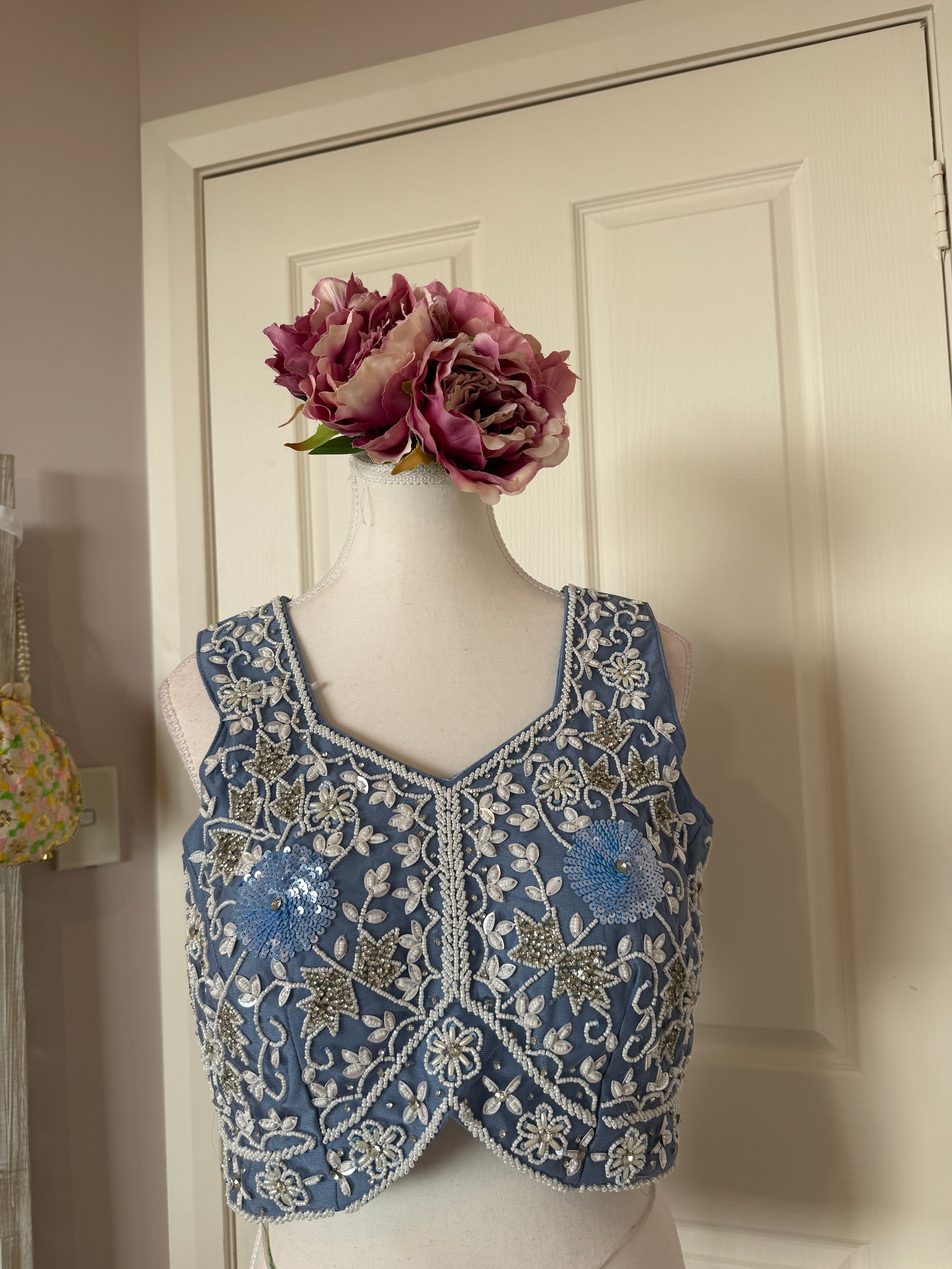 Dusty Blue Ready-to-Wear Drape Saree with Embroidered Designer Blouse & Detachable Belt